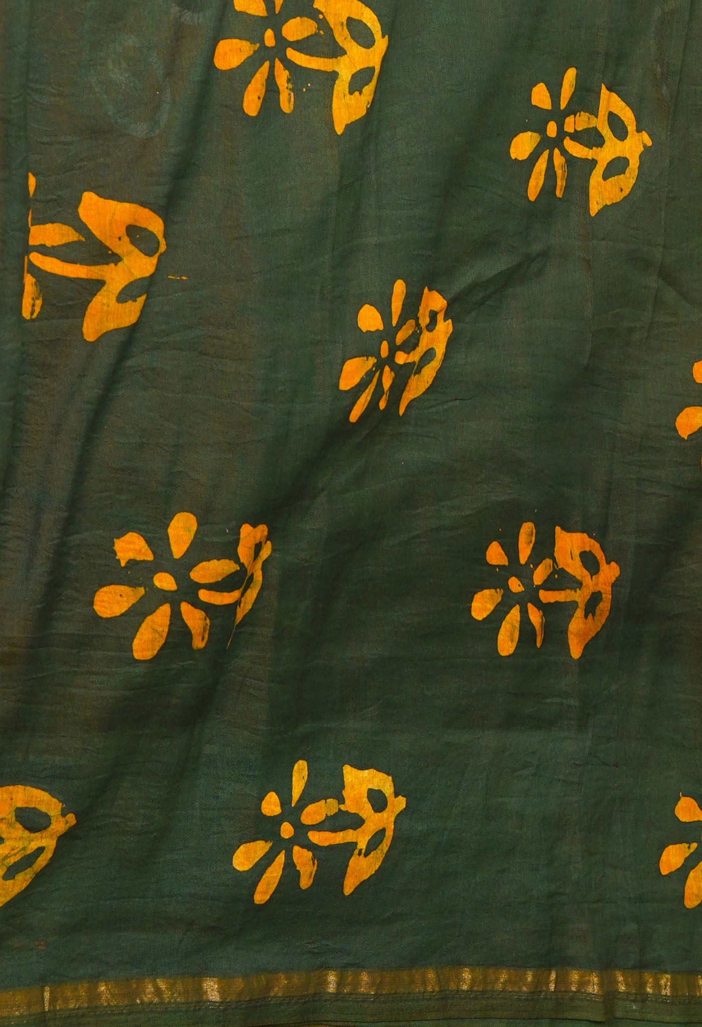 Mustard Yellow-Dark Green Pure Pen Wax Batik Hand Printed Chanderi Sico Saree
