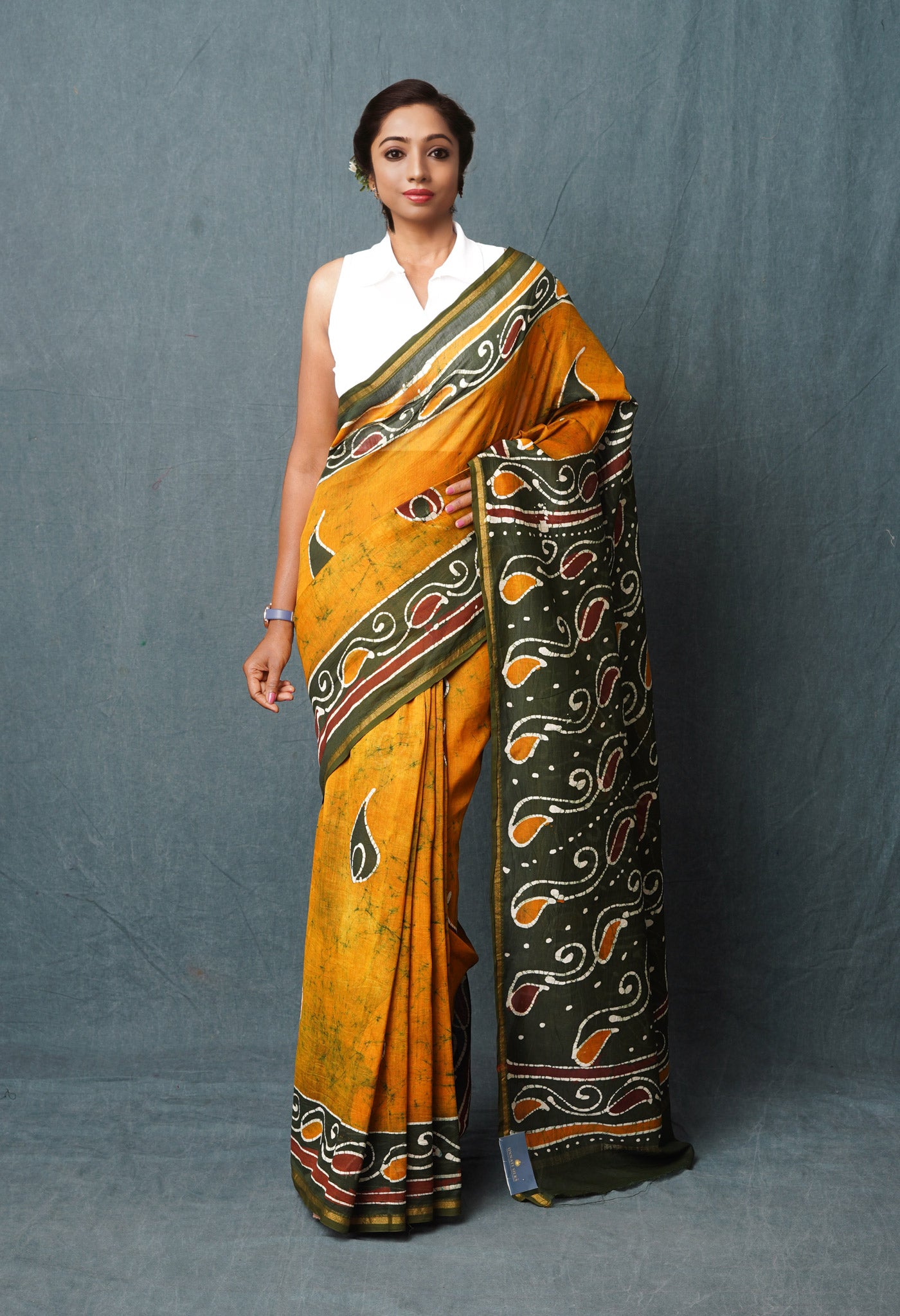 Mustard Yellow-Dark Green Pure Pen Wax Batik Hand Printed Chanderi Sico Saree