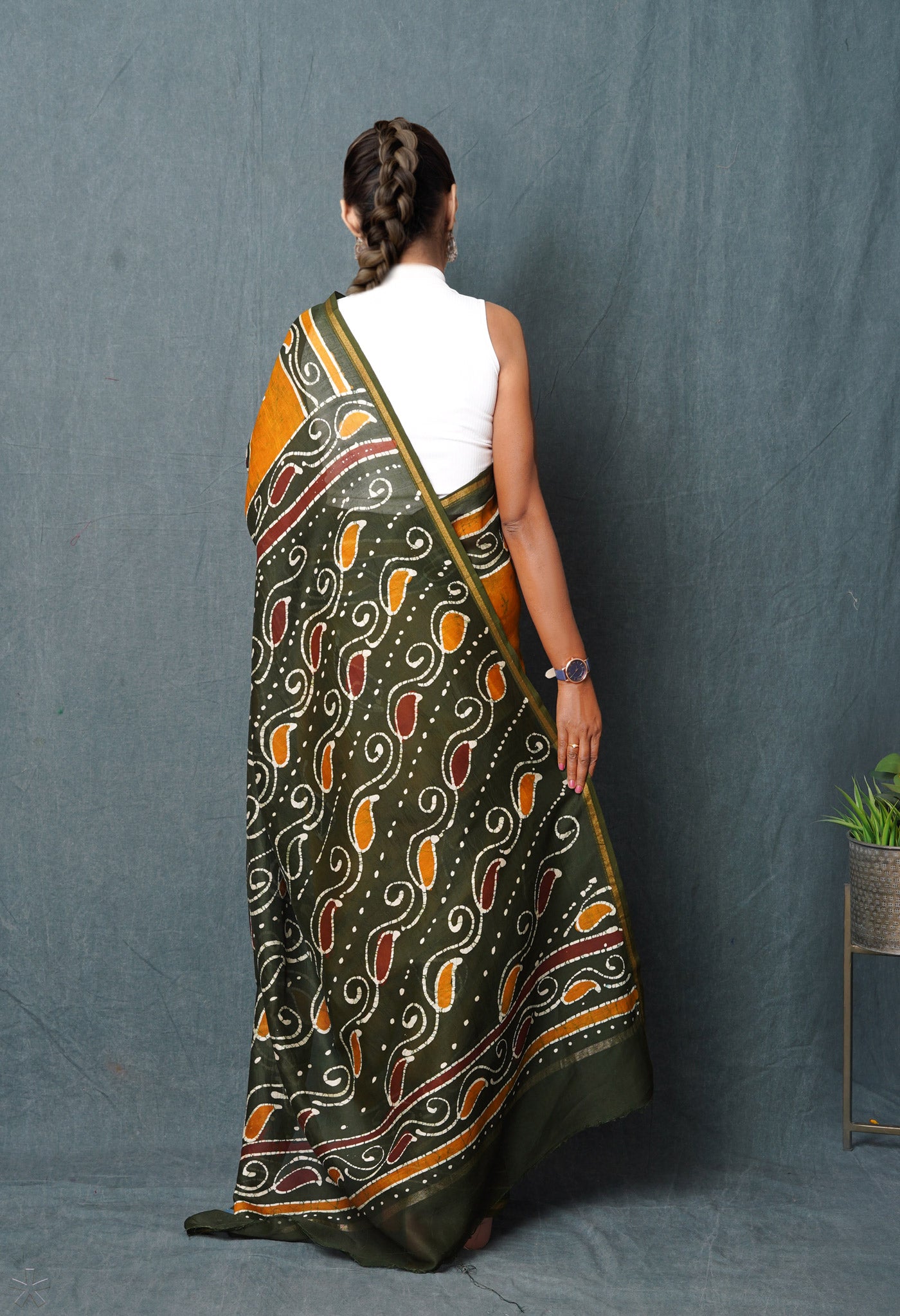 Mustard Yellow-Dark Green Pure Pen Wax Batik Hand Printed Chanderi Sico Saree