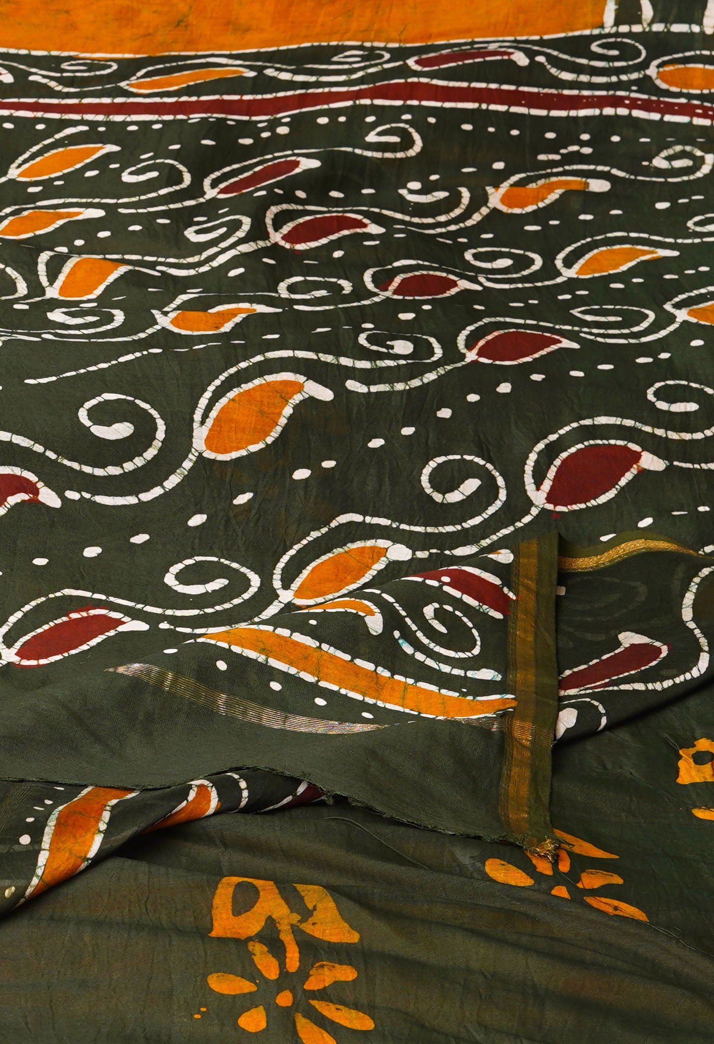 Mustard Yellow-Dark Green Pure Pen Wax Batik Hand Printed Chanderi Sico Saree