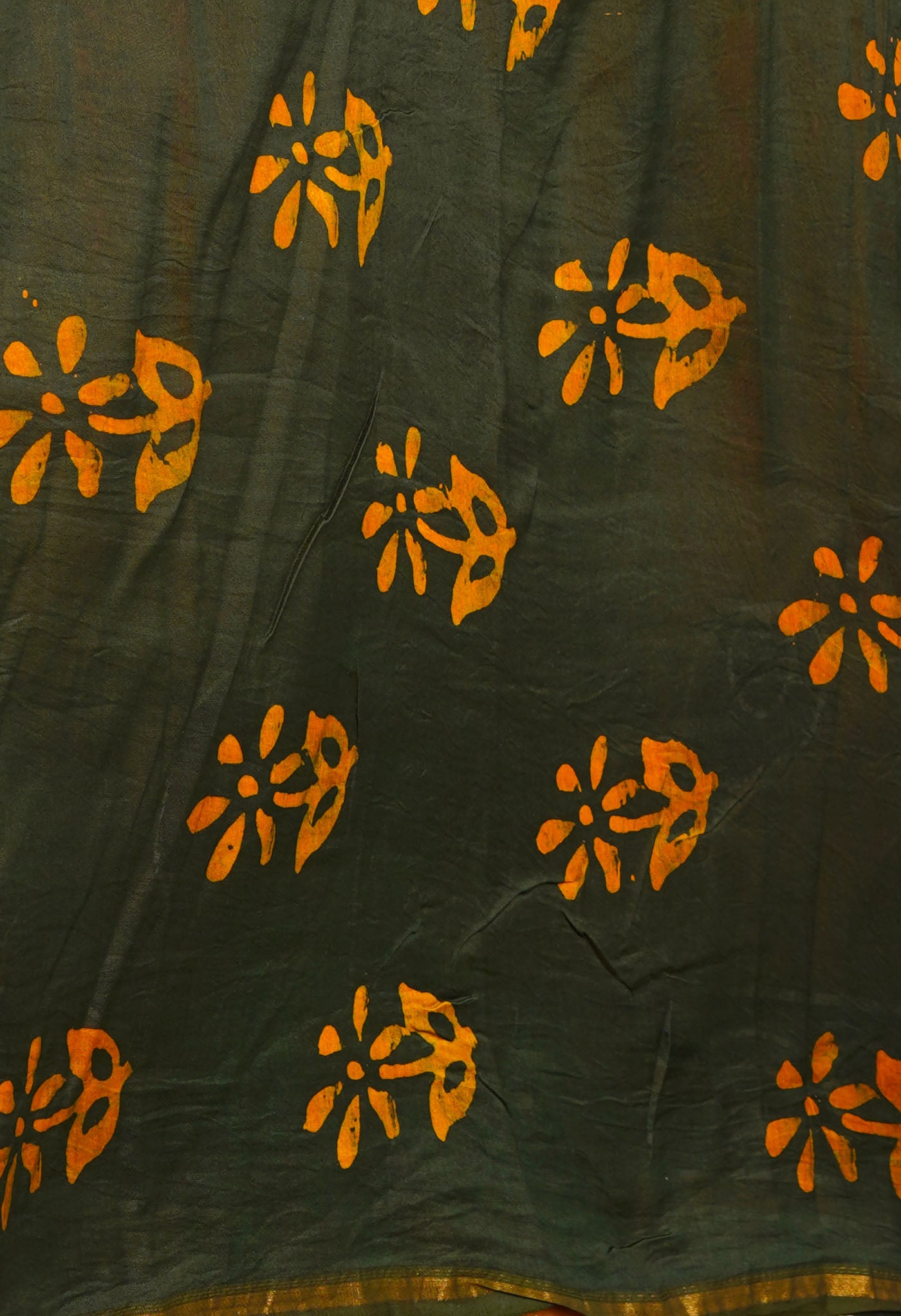 Mustard Yellow-Dark Green Pure Pen Wax Batik Hand Printed Chanderi Sico Saree