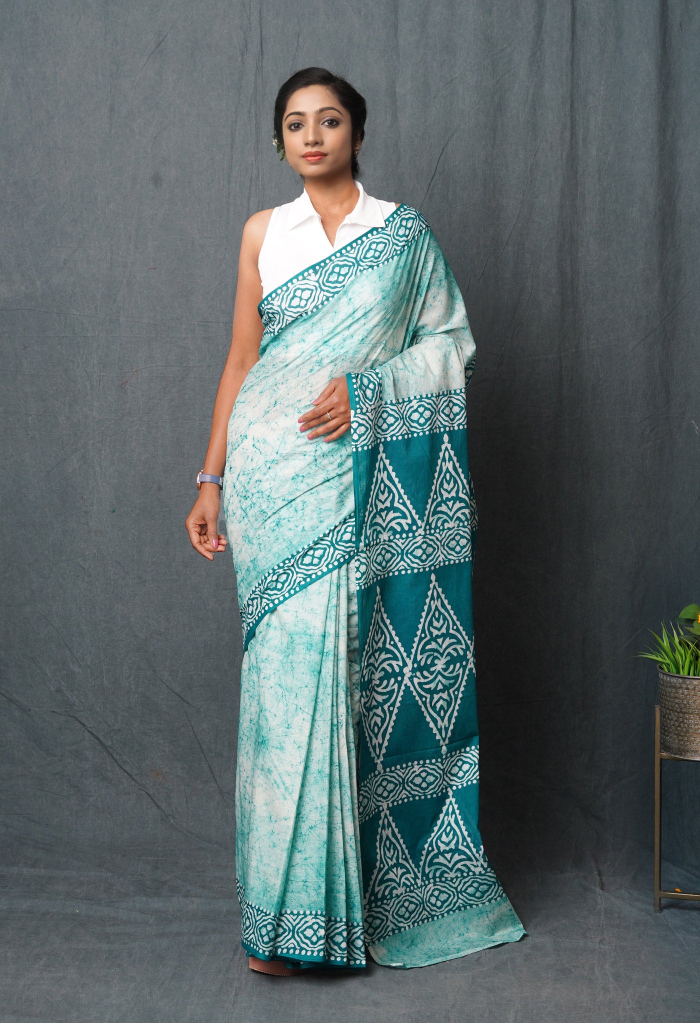 Ivory-Green Pure Wax Batik Hand Block Printed Superfine Mulmul Cotton Saree