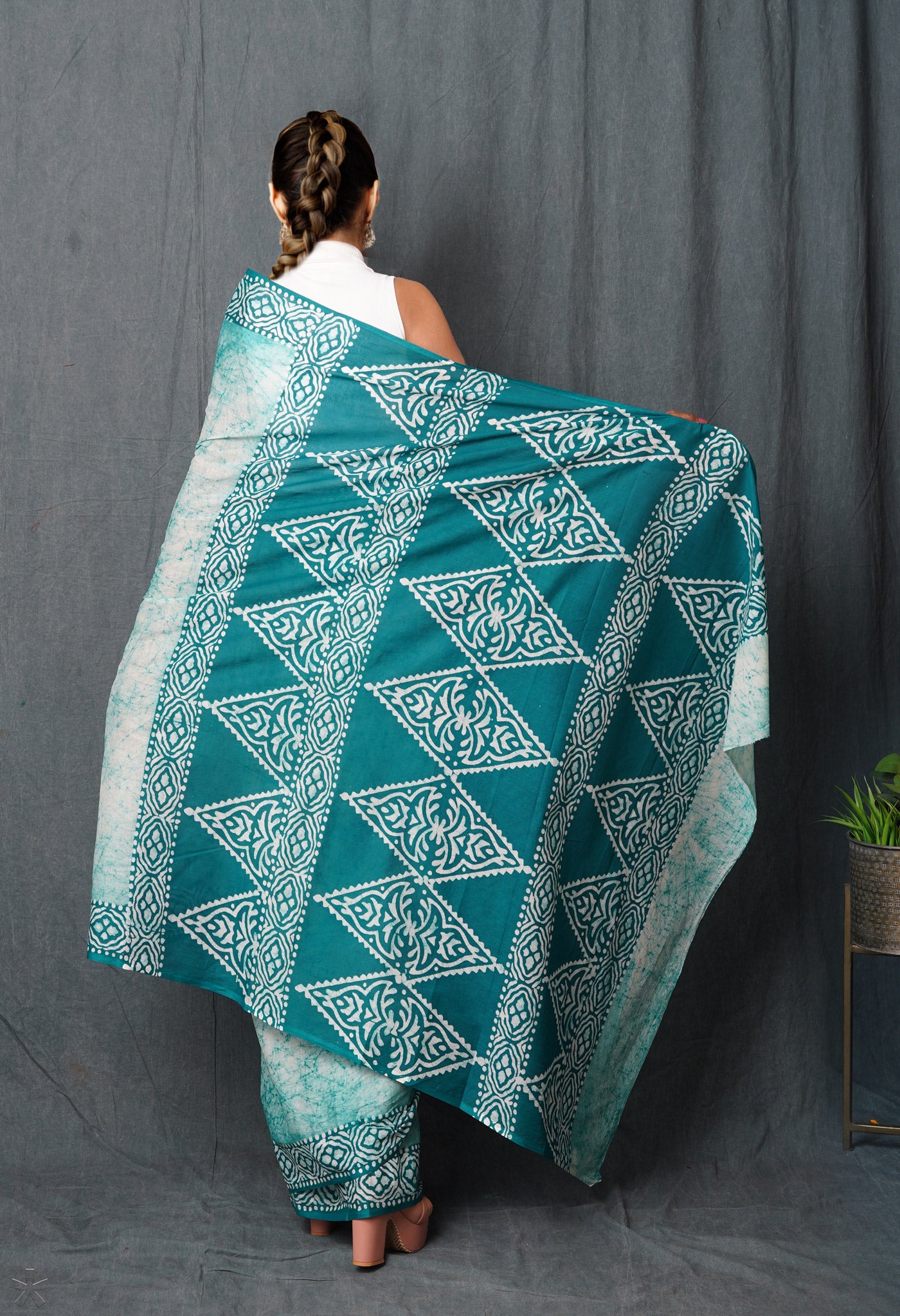 Ivory-Green Pure Wax Batik Hand Block Printed Superfine Mulmul Cotton Saree