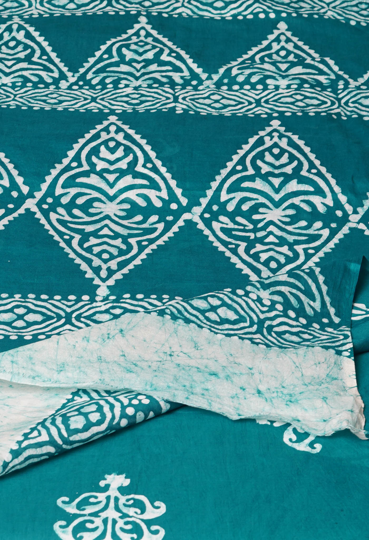 Ivory-Green Pure Wax Batik Hand Block Printed Superfine Mulmul Cotton Saree