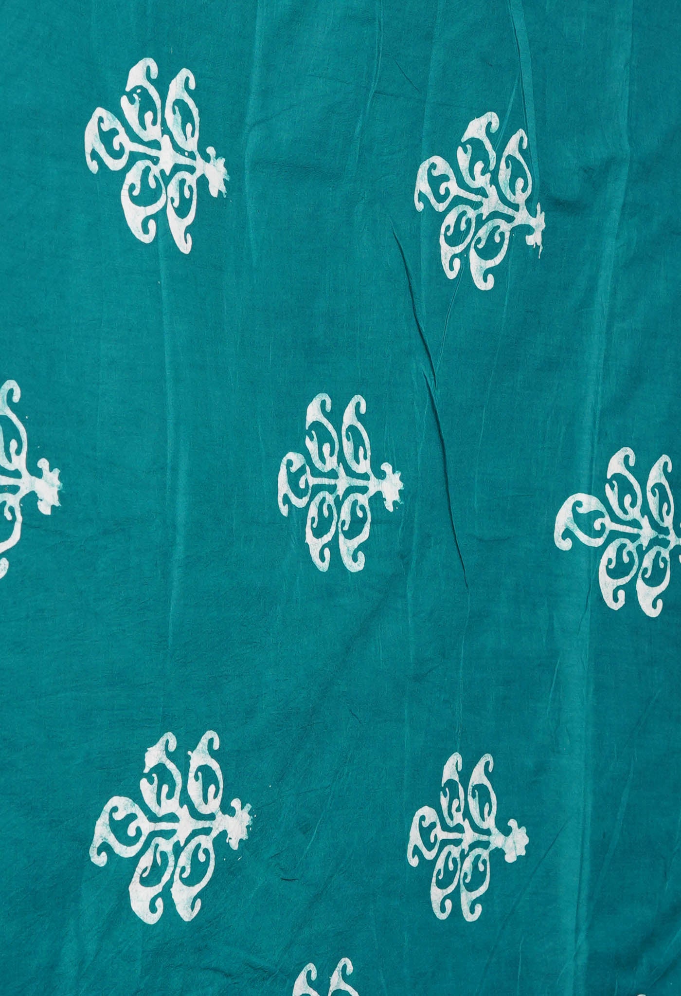 Ivory-Green Pure Wax Batik Hand Block Printed Superfine Mulmul Cotton Saree