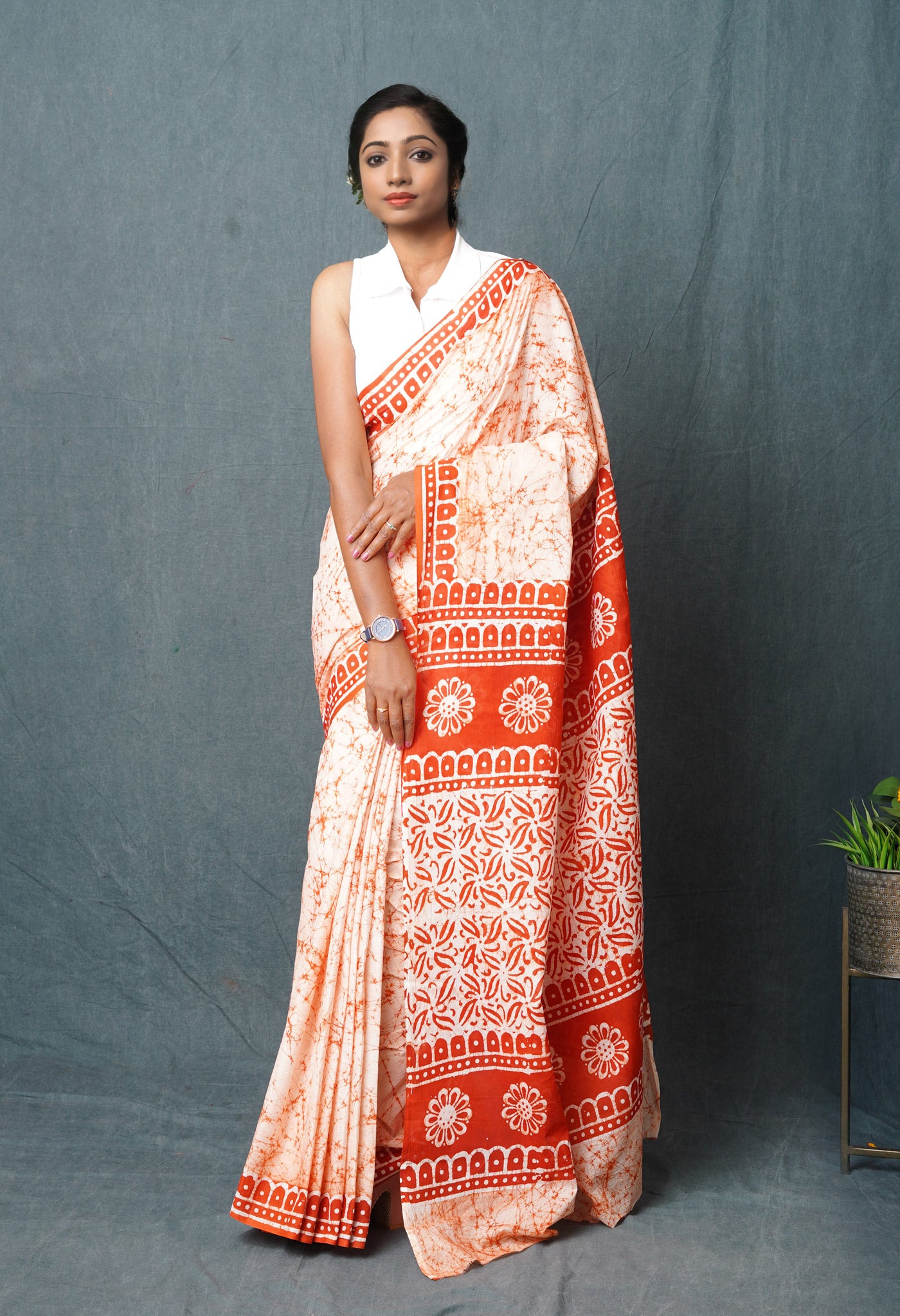 Ivory-Orange Pure Wax Batik Hand Block Printed Superfine Mulmul Cotton Saree