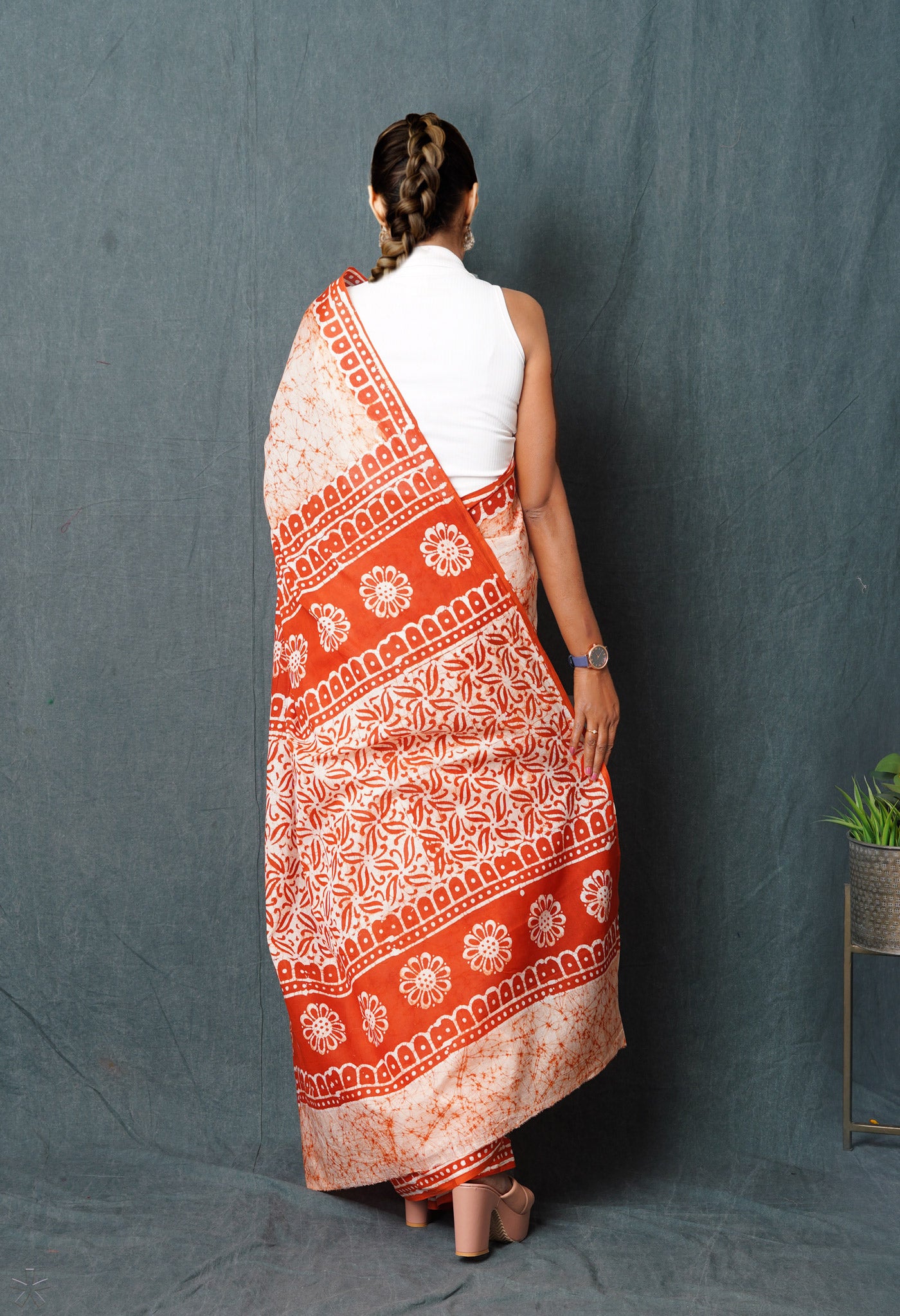 Ivory-Orange Pure Wax Batik Hand Block Printed Superfine Mulmul Cotton Saree