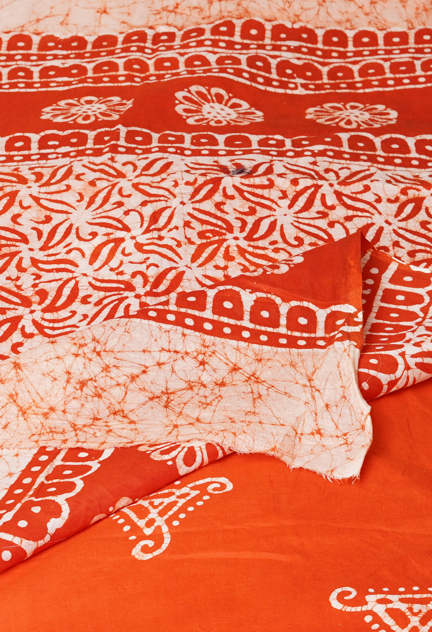 Ivory-Orange Pure Wax Batik Hand Block Printed Superfine Mulmul Cotton Saree