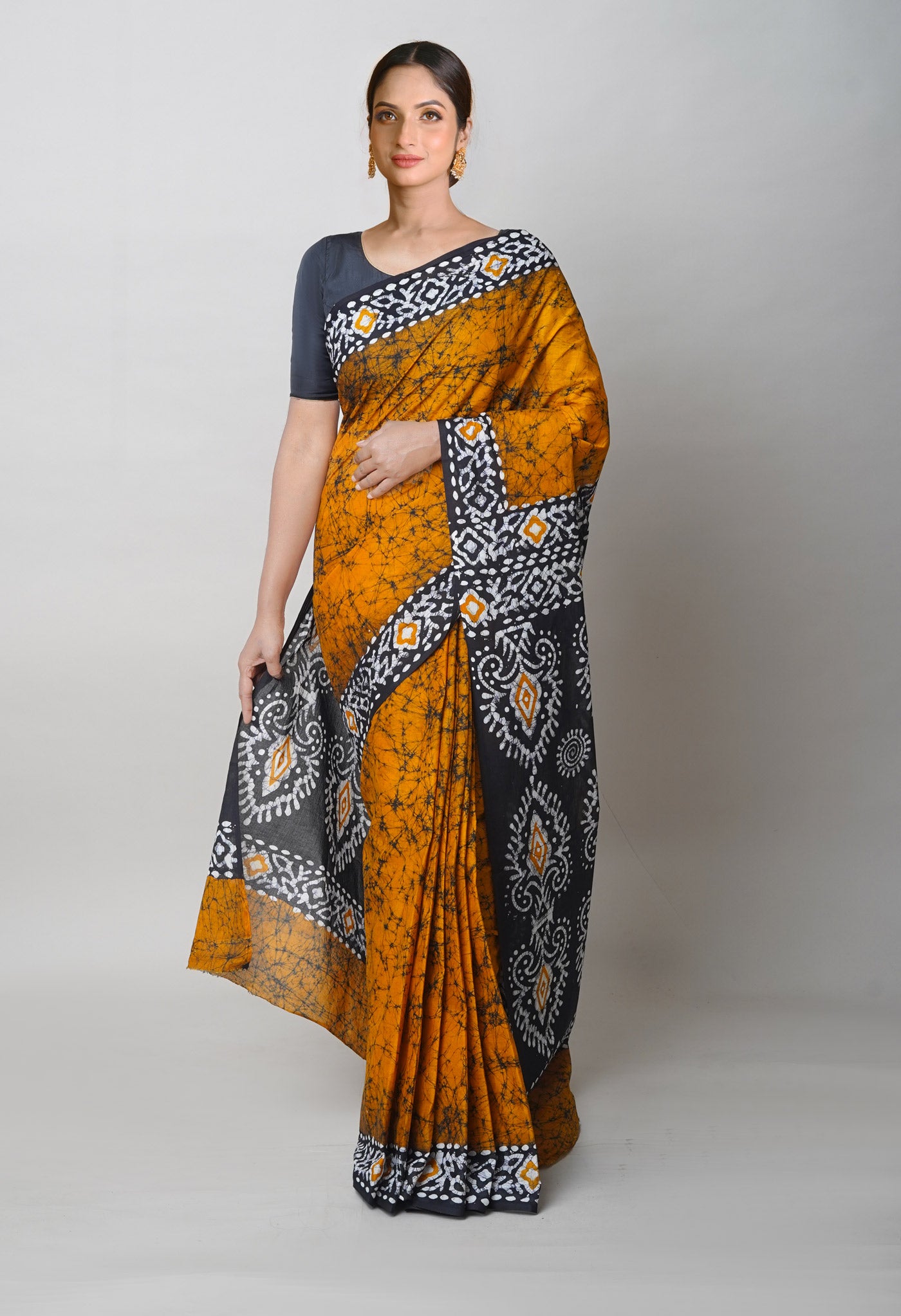 Yellow Pure Hand Block Printed Soft Cotton Saree