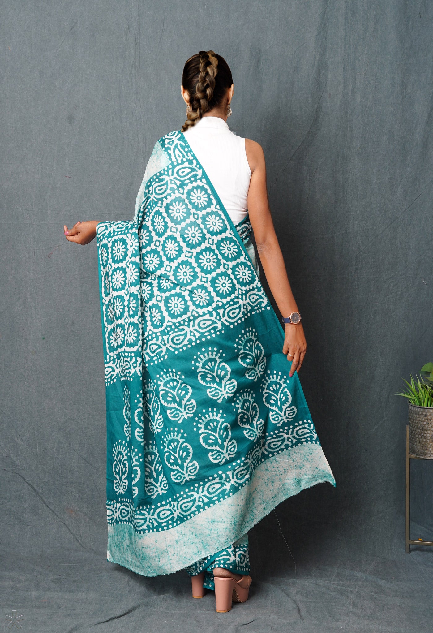 Ivory-Green Pure Wax Batik Hand Block Printed Superfine Mulmul Cotton Saree