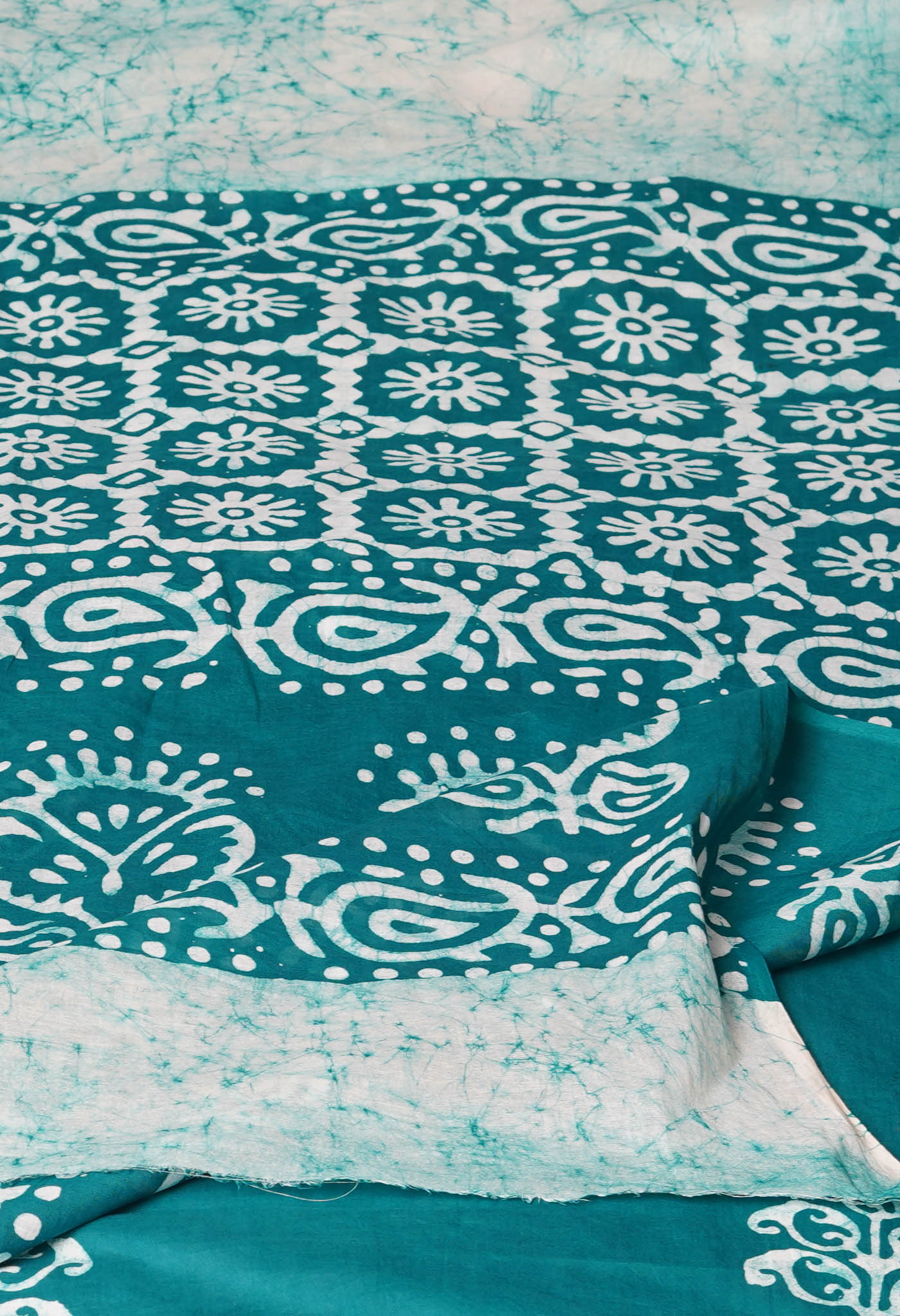 Ivory-Green Pure Wax Batik Hand Block Printed Superfine Mulmul Cotton Saree