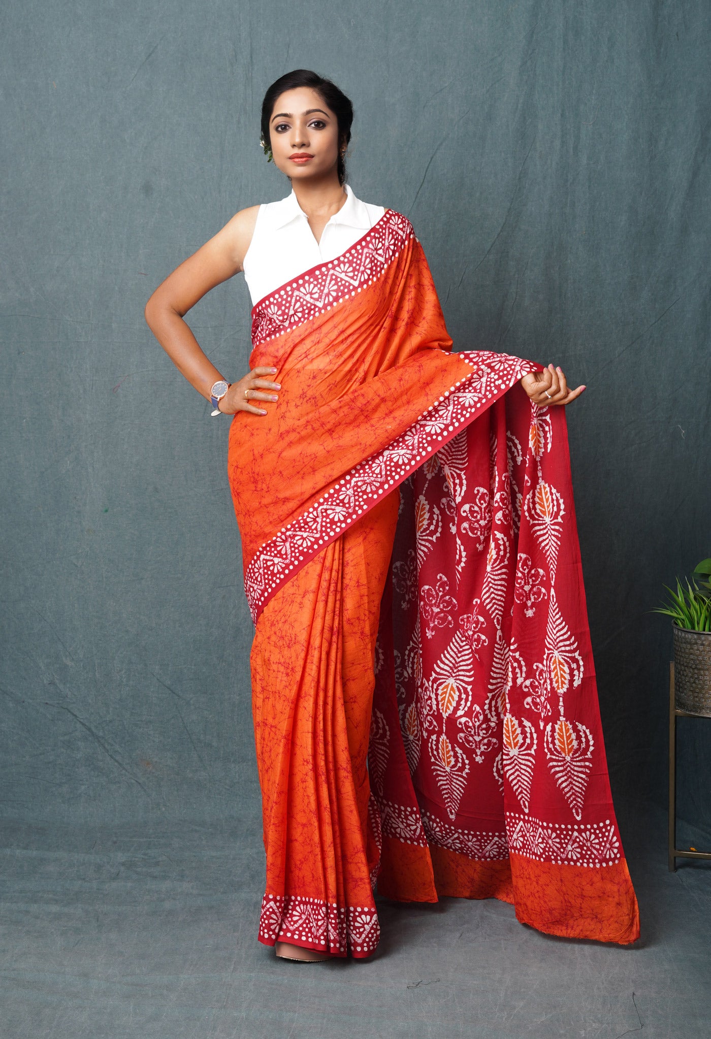 Orange-Red Pure Wax Batik Hand Block Printed Superfine Mulmul Cotton Saree