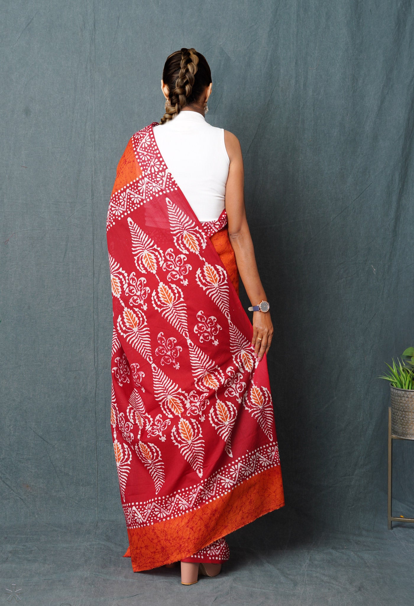Orange-Red Pure Wax Batik Hand Block Printed Superfine Mulmul Cotton Saree