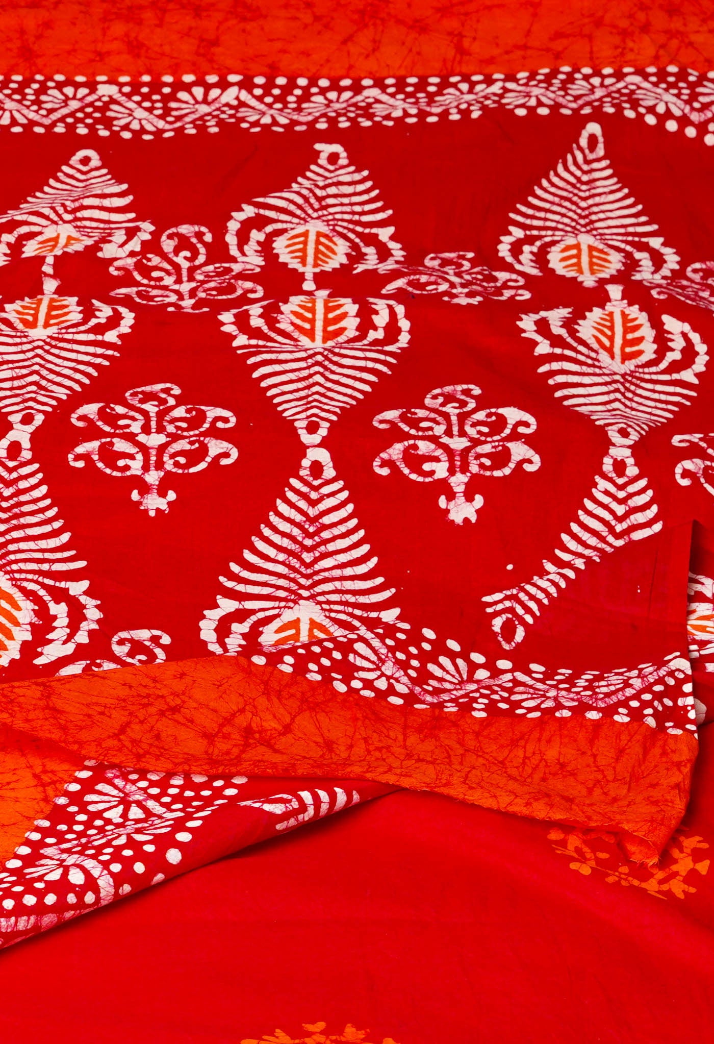 Orange-Red Pure Wax Batik Hand Block Printed Superfine Mulmul Cotton Saree