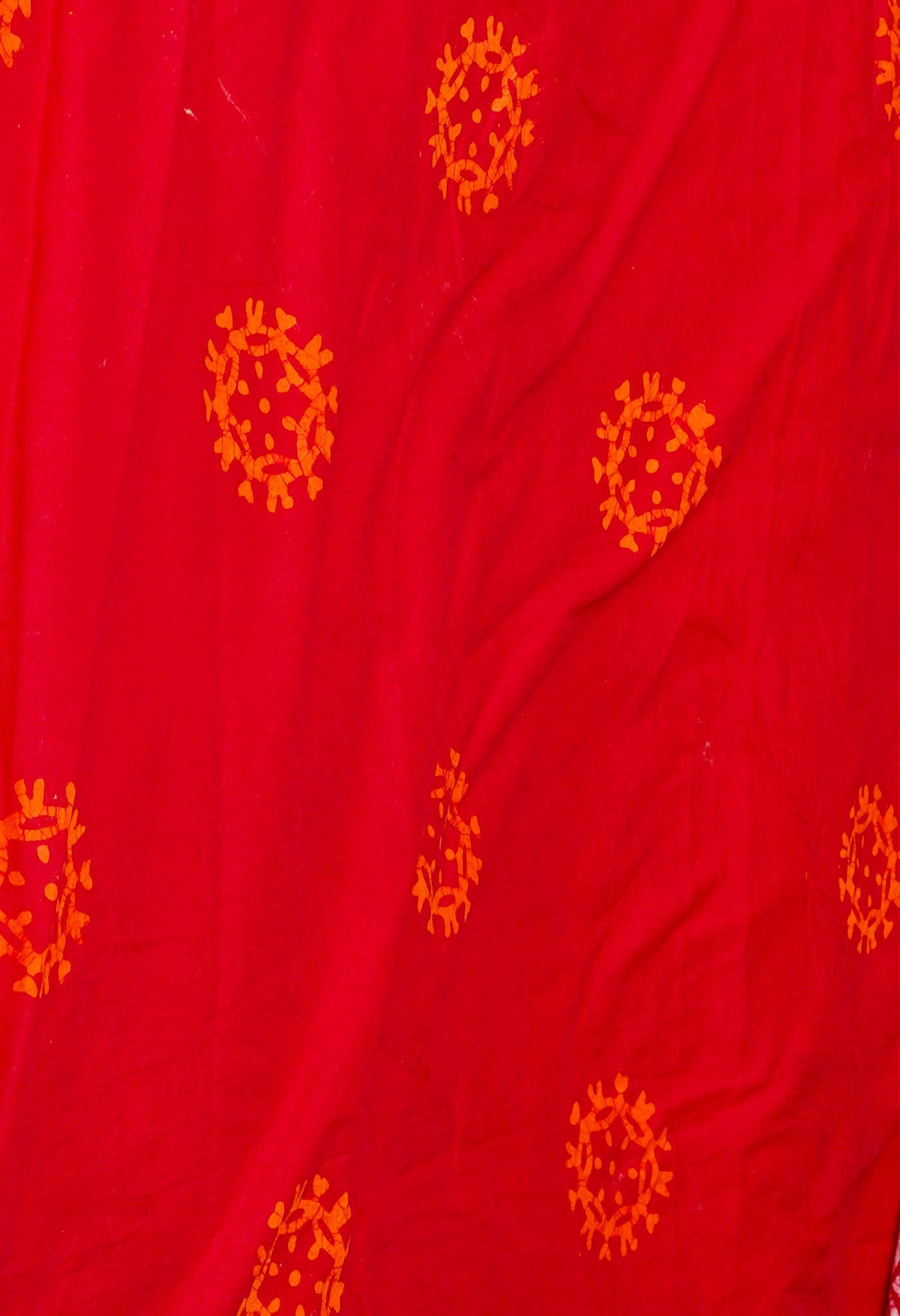 Orange-Red Pure Wax Batik Hand Block Printed Superfine Mulmul Cotton Saree