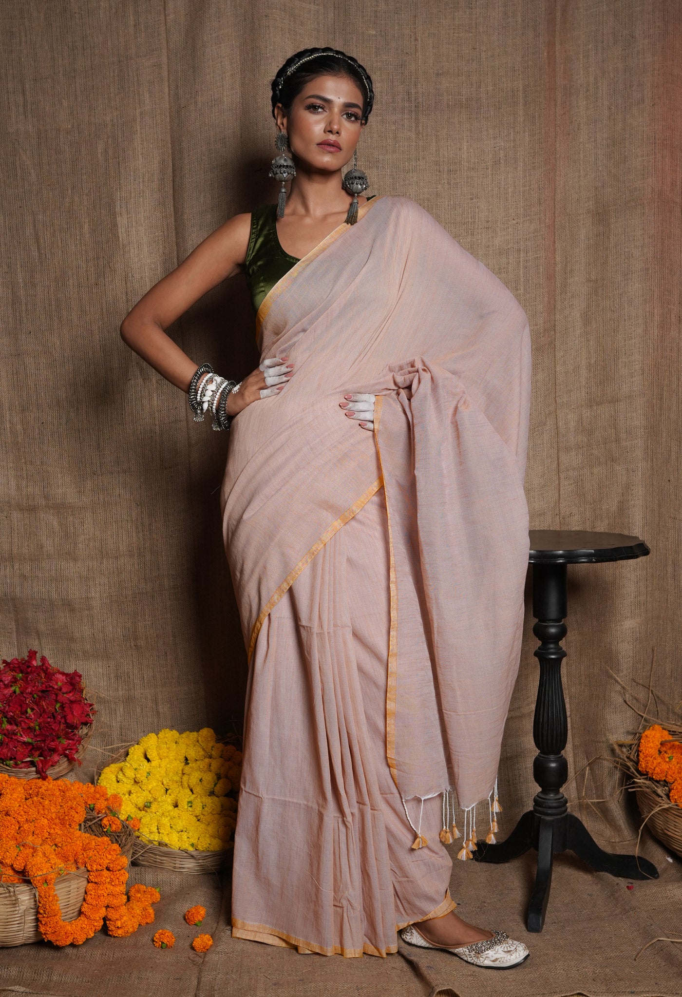 Beige Handloom Plain Mulmul Cotton Saree