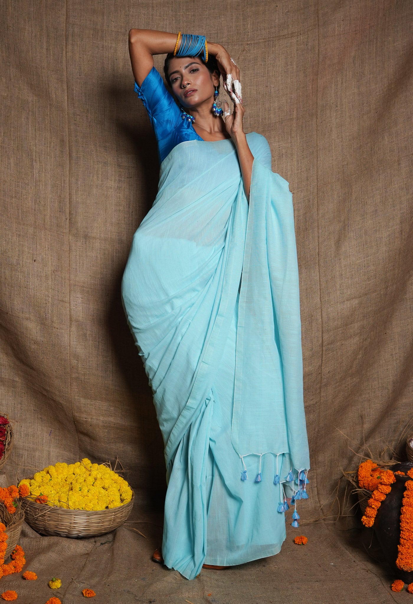 Blue Handloom Plain Mulmul Cotton Saree