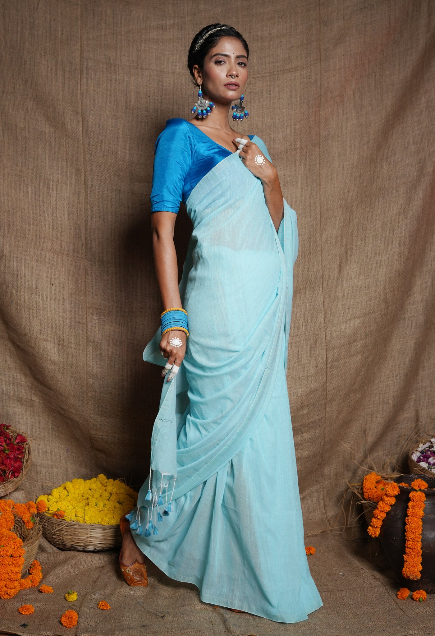 Blue Handloom Plain Mulmul Cotton Saree