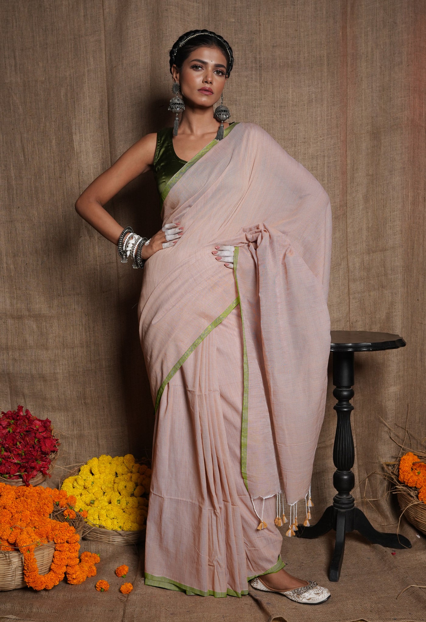 Beige Handloom Plain Mulmul Cotton Saree