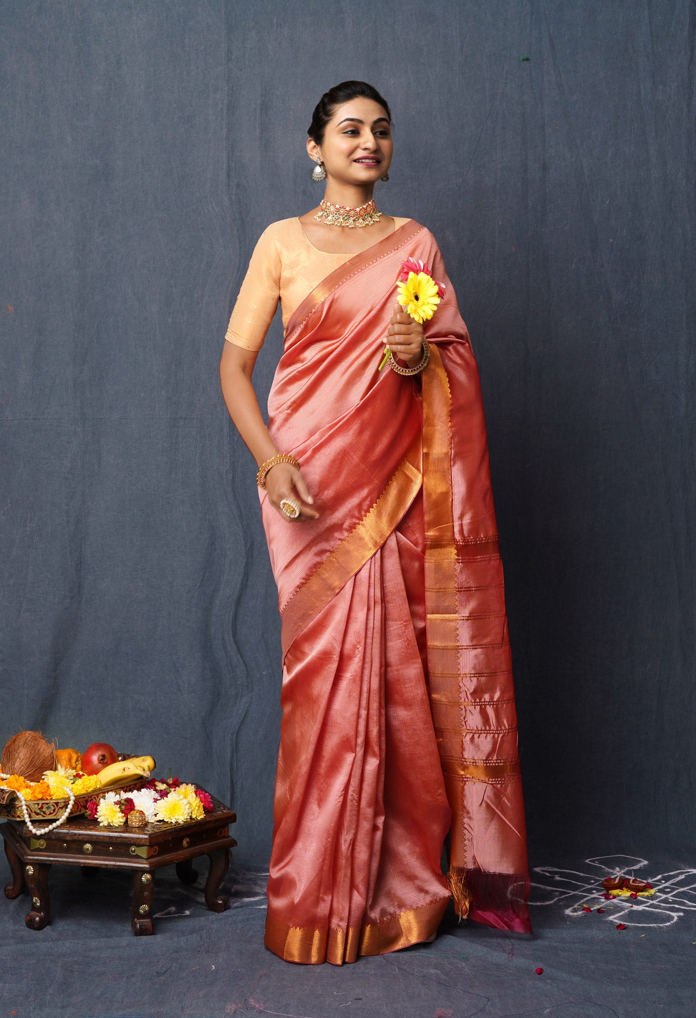 Peach Pink Pure Mangalgiri Soft Silk Saree
