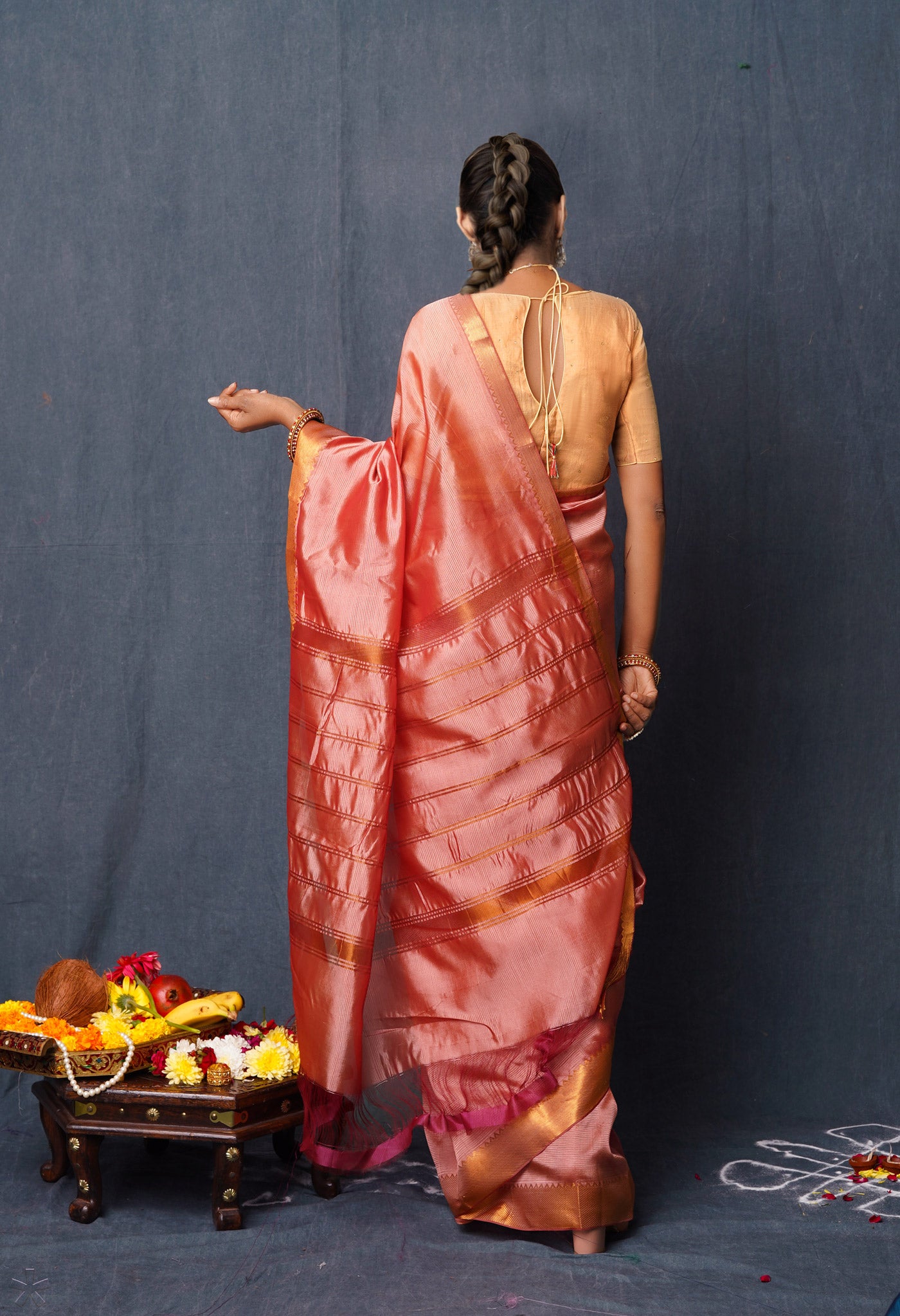 Peach Pink Pure Mangalgiri Soft Silk Saree