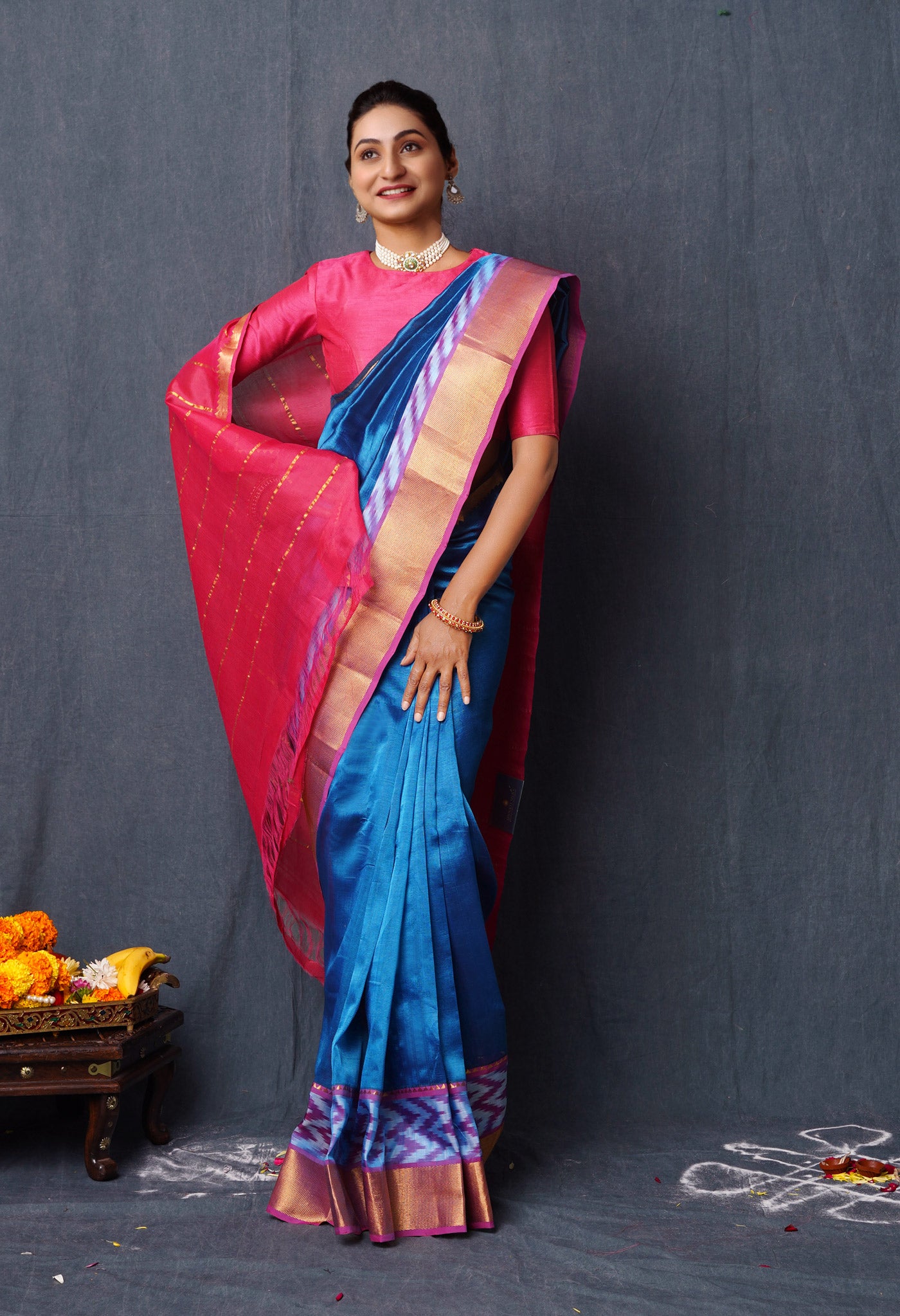 Peacock Blue Pure Mangalgiri Soft Silk Saree