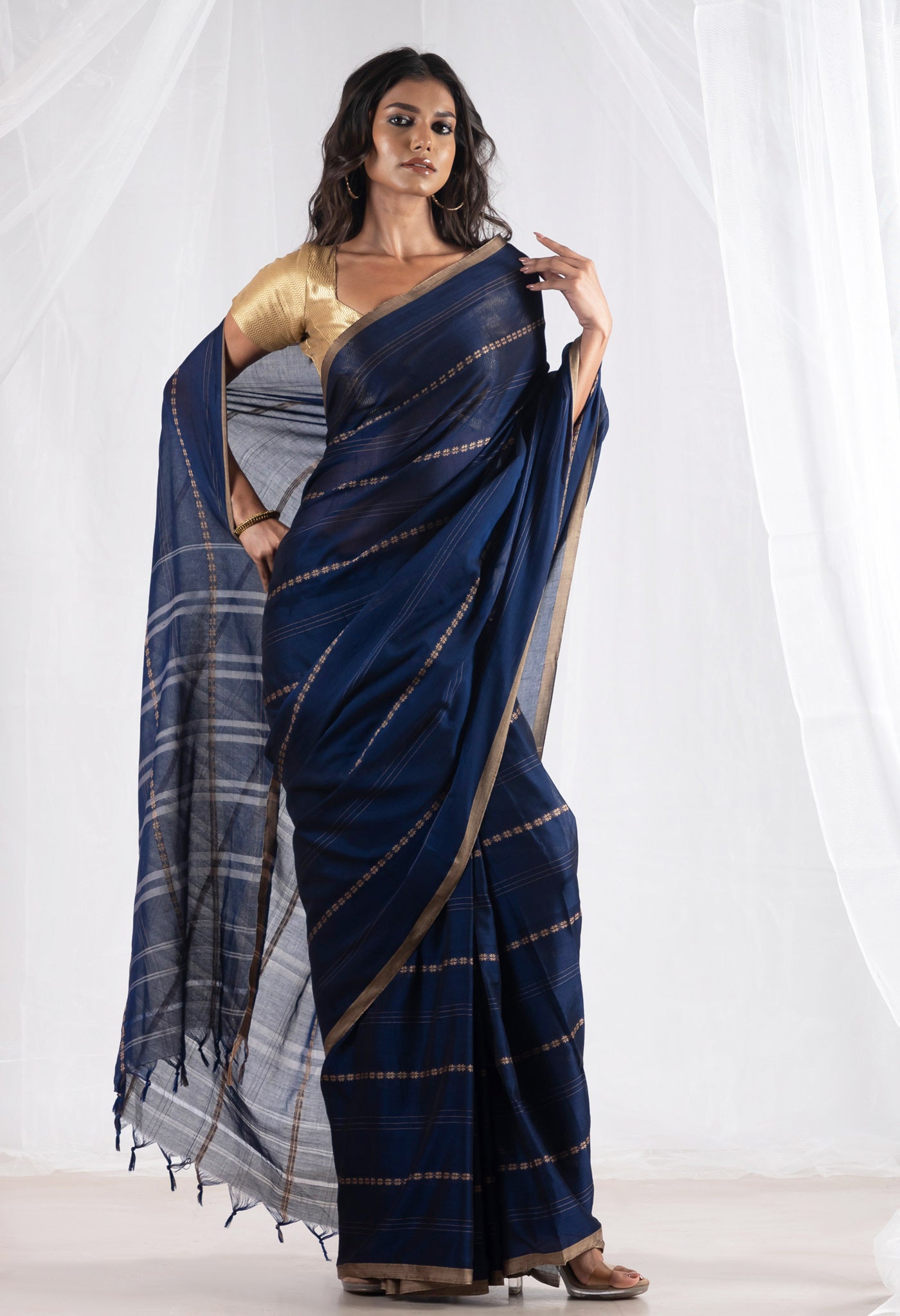 Navy Blue Pure Handloom Narayani Cotton Saree