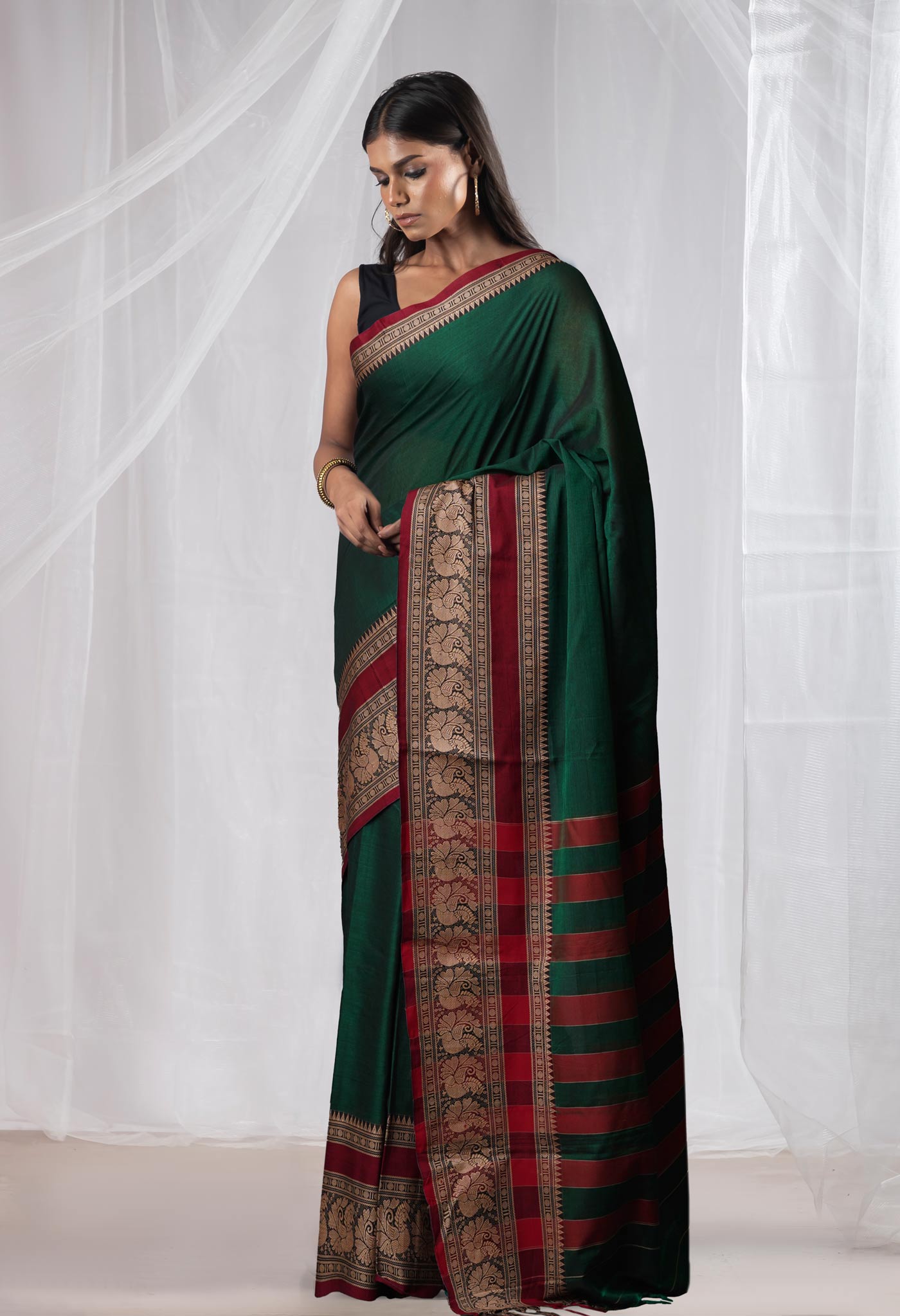 Dark Green Pure Handloom Narayani Cotton Saree