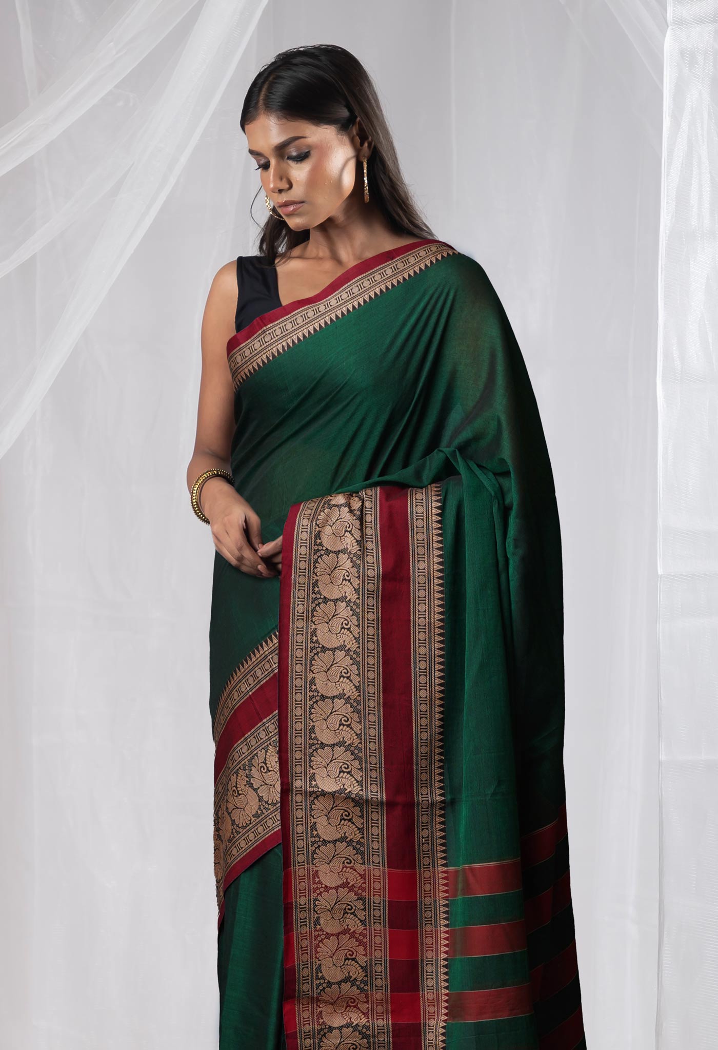 Dark Green Pure Handloom Narayani Cotton Saree