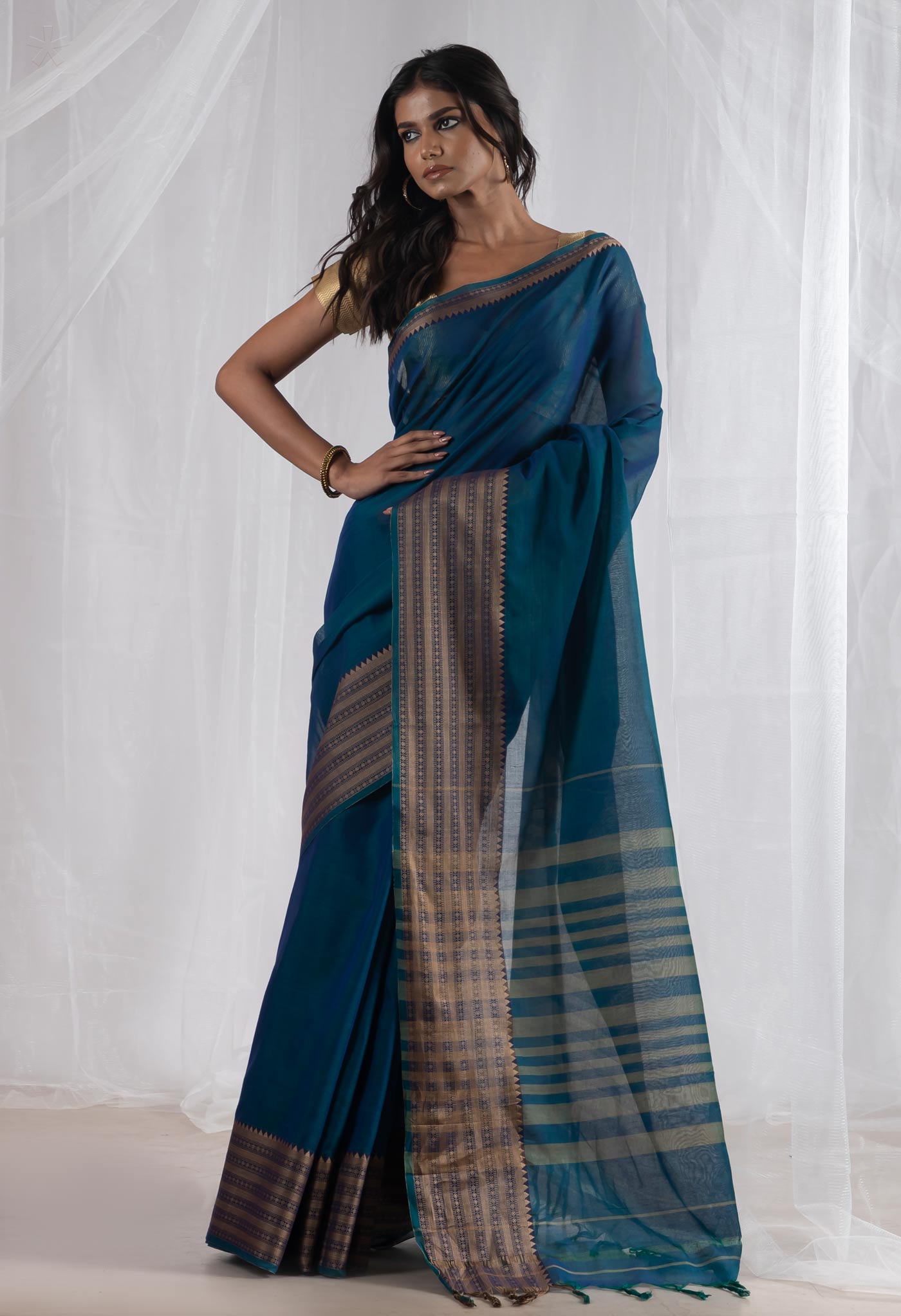 Peacock Blue Pure Handloom Narayani Cotton Saree