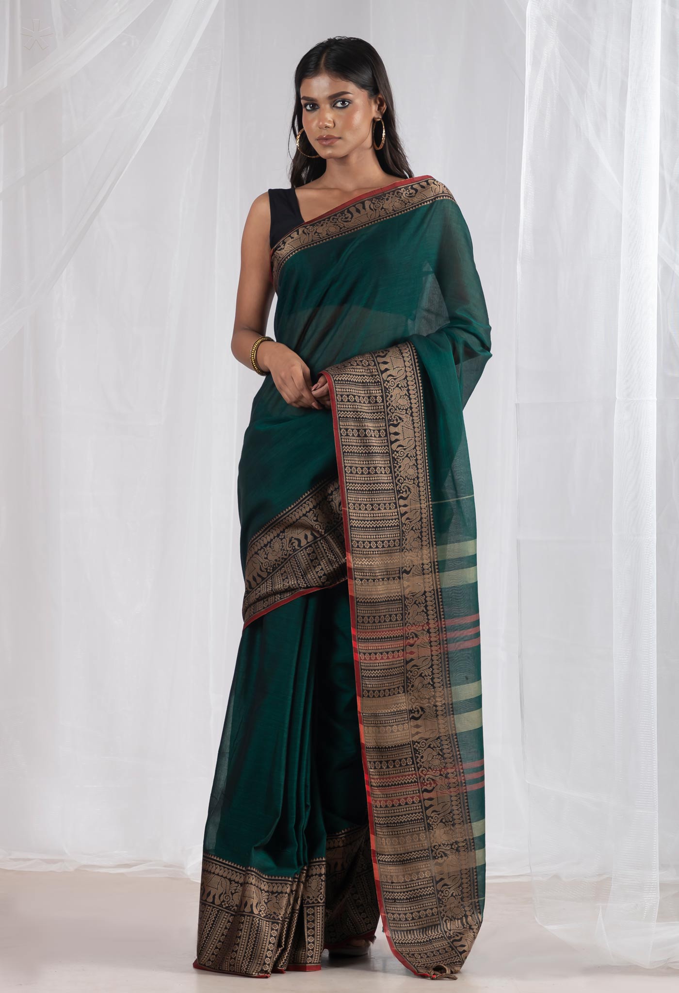 Dark Green Pure Handloom Narayani Cotton Saree