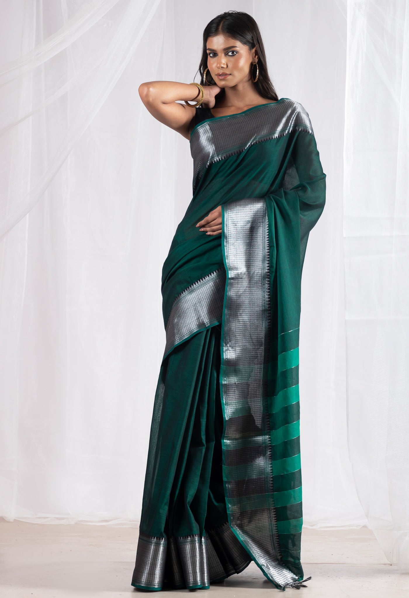 Dark Green Pure Handloom Narayani Cotton Saree