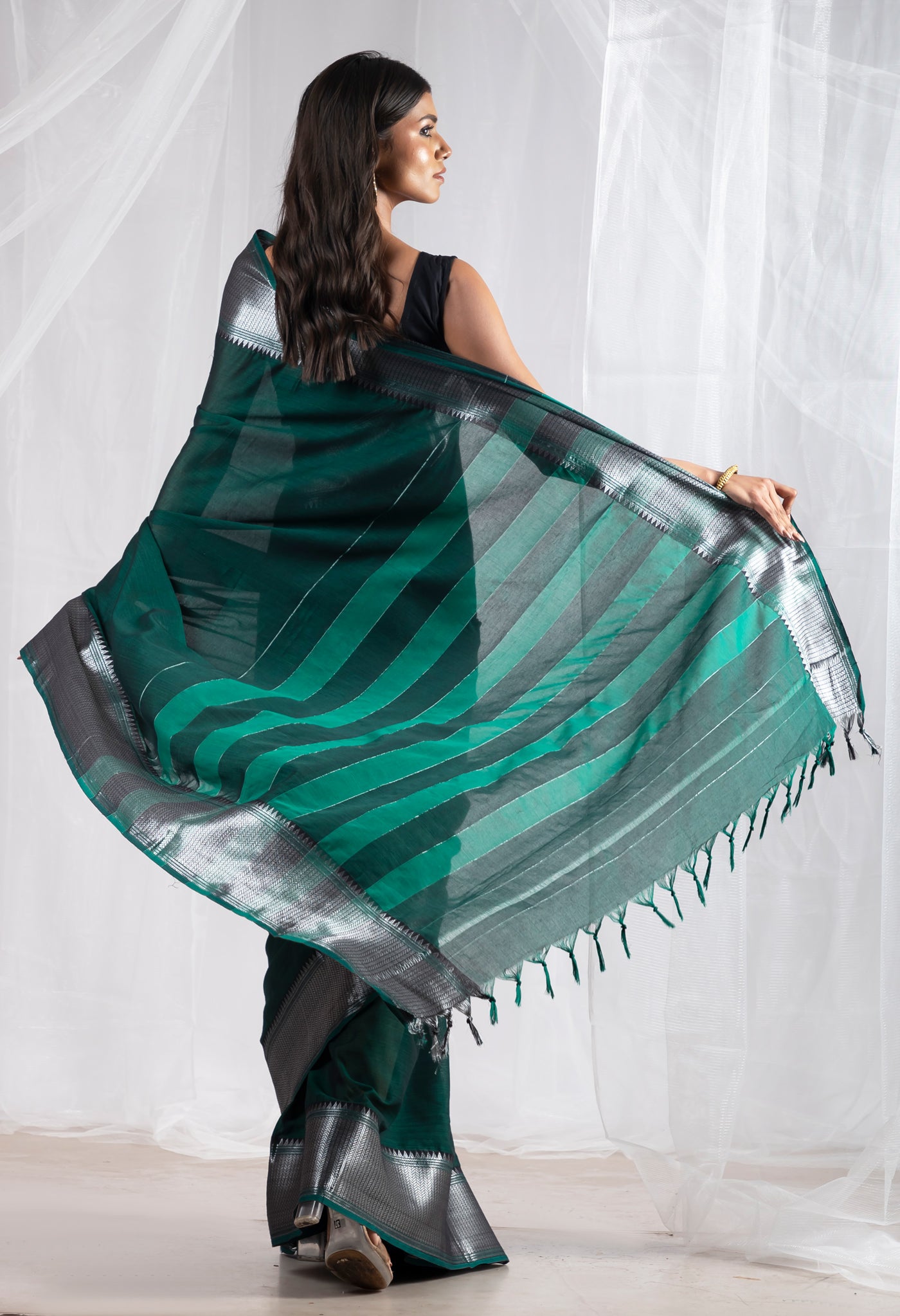Dark Green Pure Handloom Narayani Cotton Saree