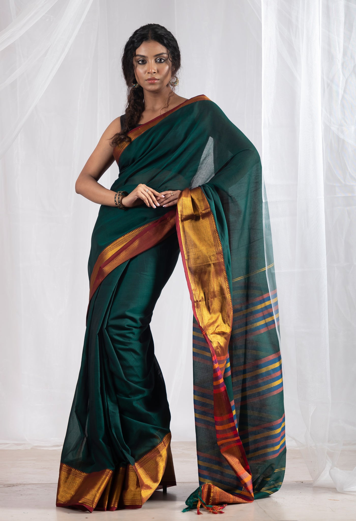 Dark Green Pure Handloom Narayani Cotton Saree