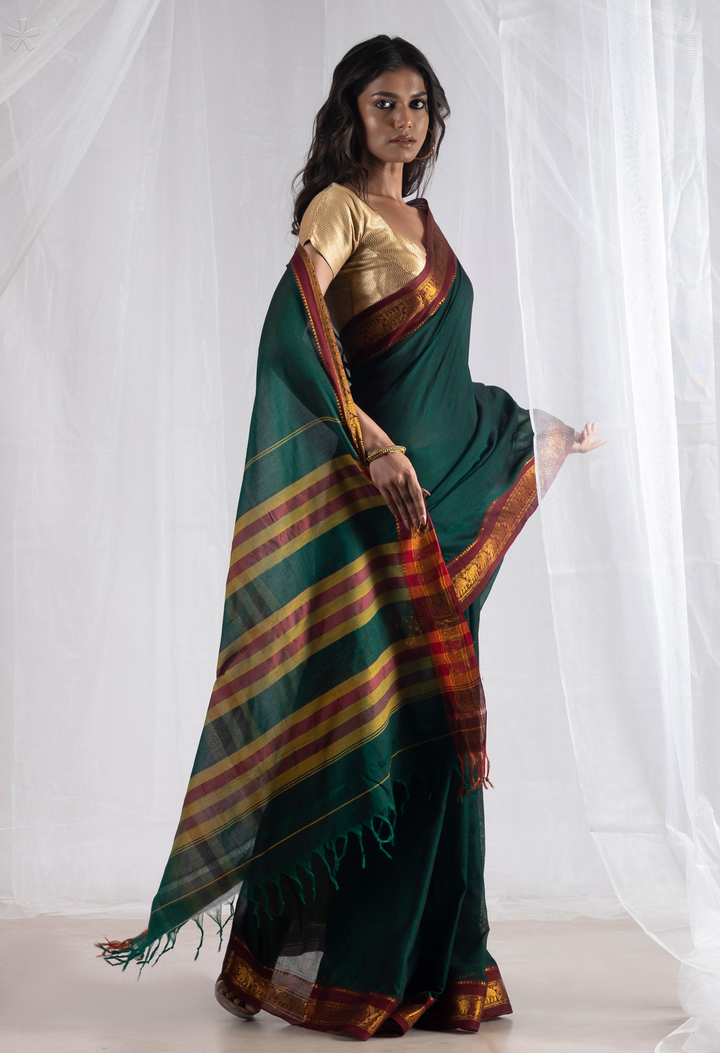 Dark Green Pure Handloom Narayani Cotton Saree