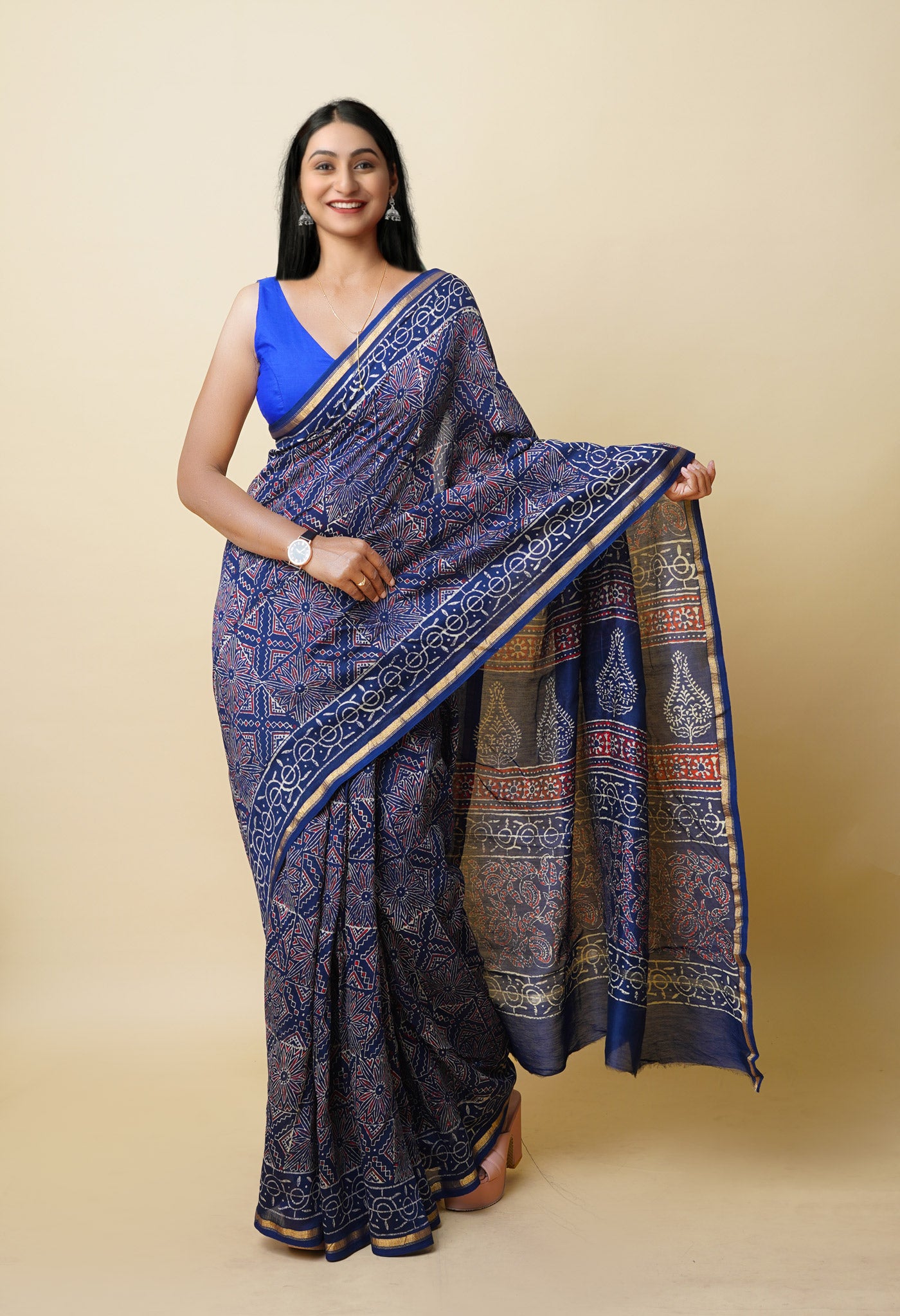 Navy Blue Pure Napthol Hand Block Pinted Chanderi Cotton Saree