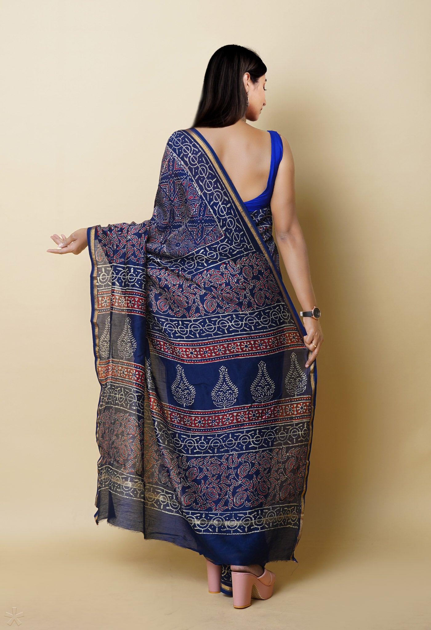 Navy Blue Pure Napthol Hand Block Pinted Chanderi Cotton Saree