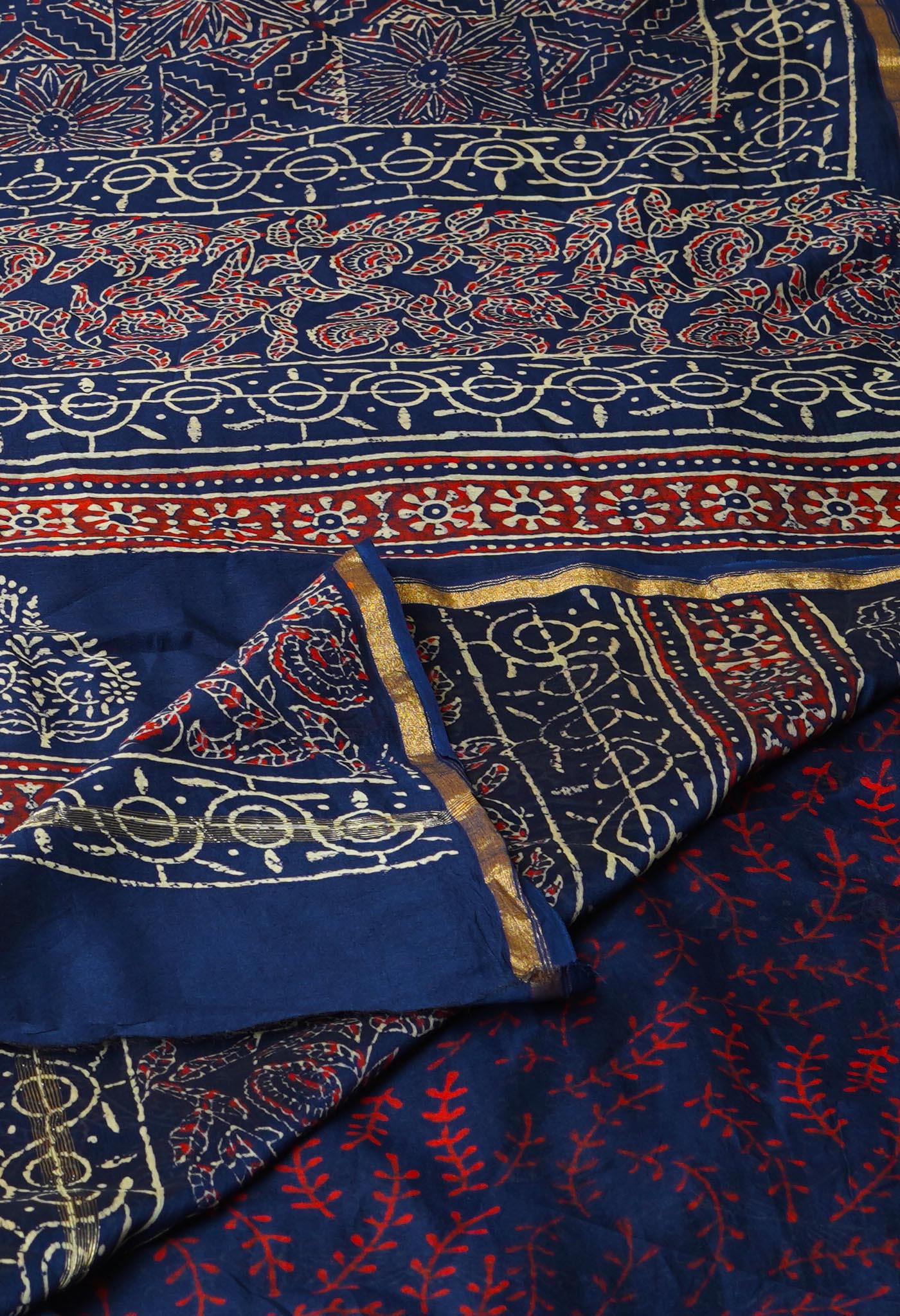 Navy Blue Pure Napthol Hand Block Pinted Chanderi Cotton Saree