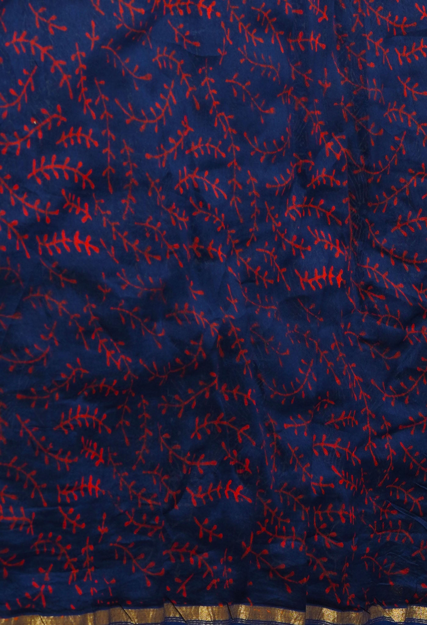 Navy Blue Pure Napthol Hand Block Pinted Chanderi Cotton Saree