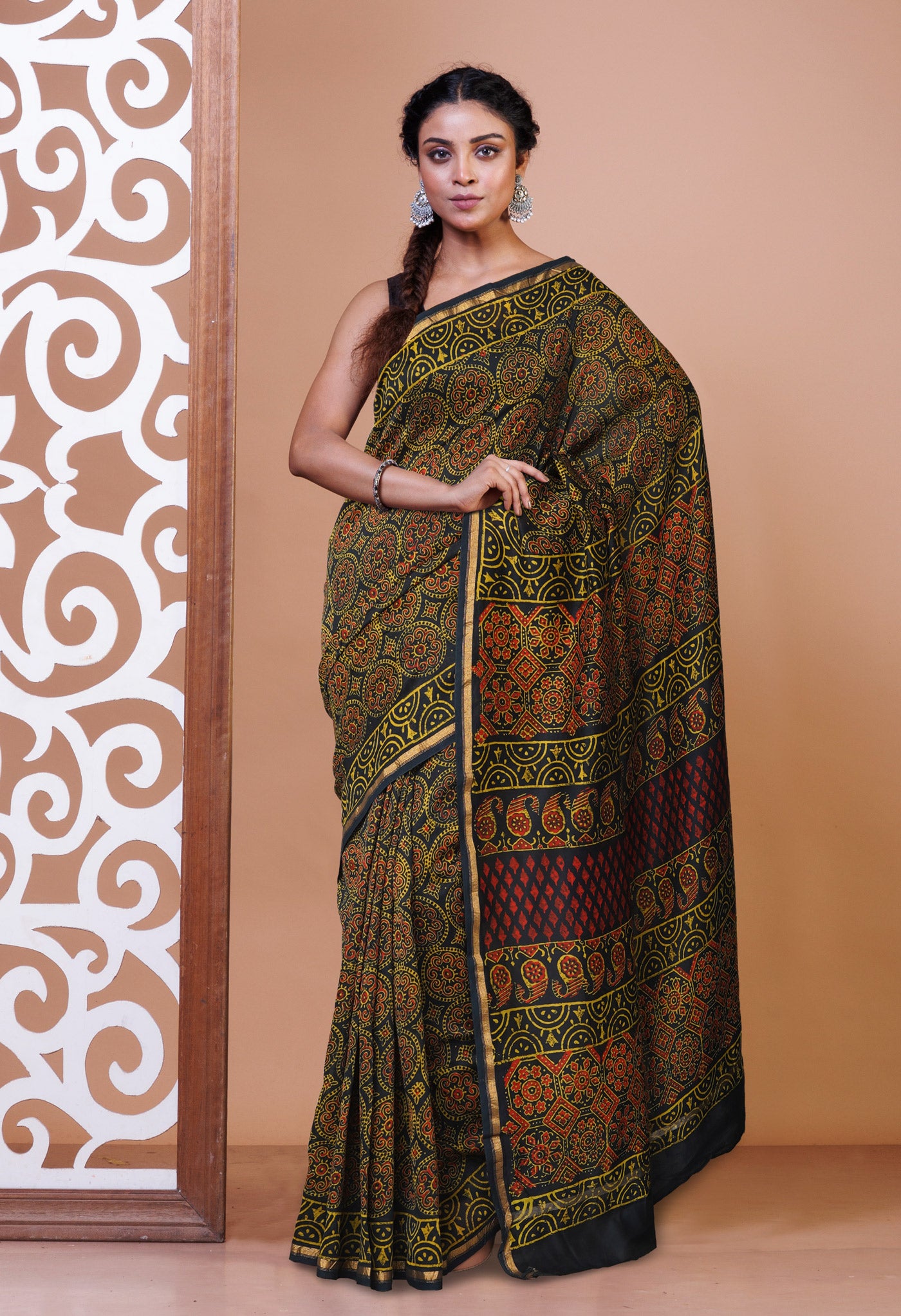 Green Pure Napthol Hand Block Pinted Chanderi Cotton Saree-UNM75773