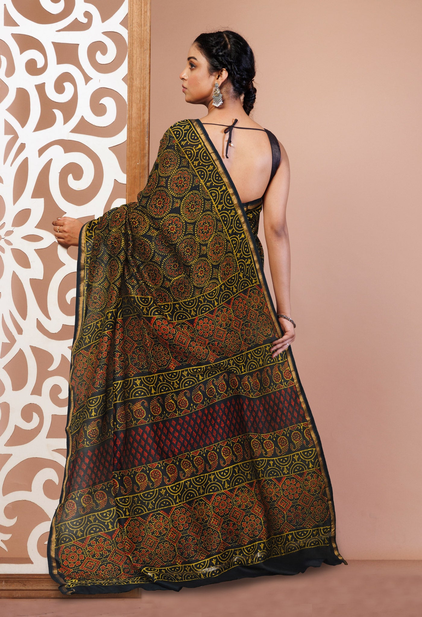 Green Pure Napthol Hand Block Pinted Chanderi Cotton Saree-UNM75773