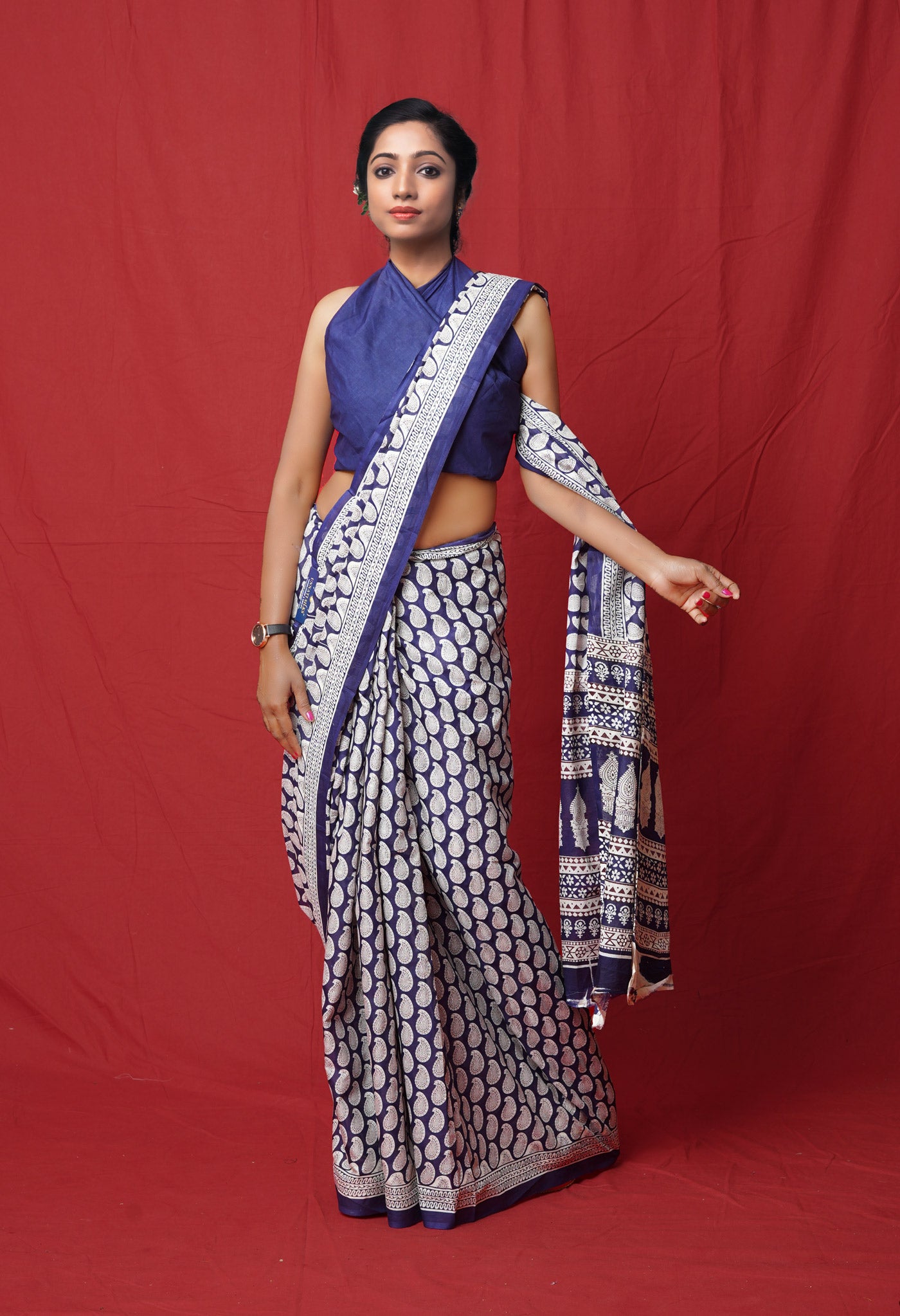 Navy Blue Pure Block Printed Soft Cotton Saree