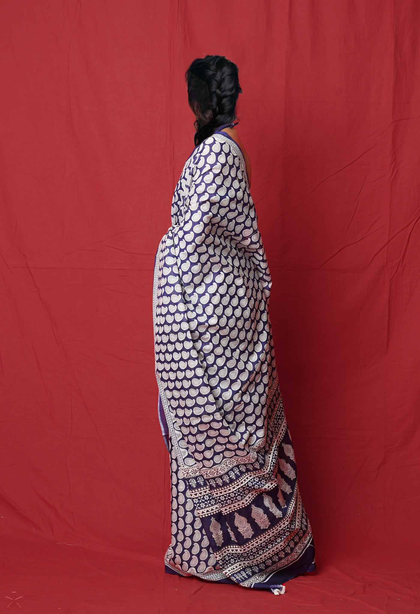 Navy Blue Pure Block Printed Soft Cotton Saree