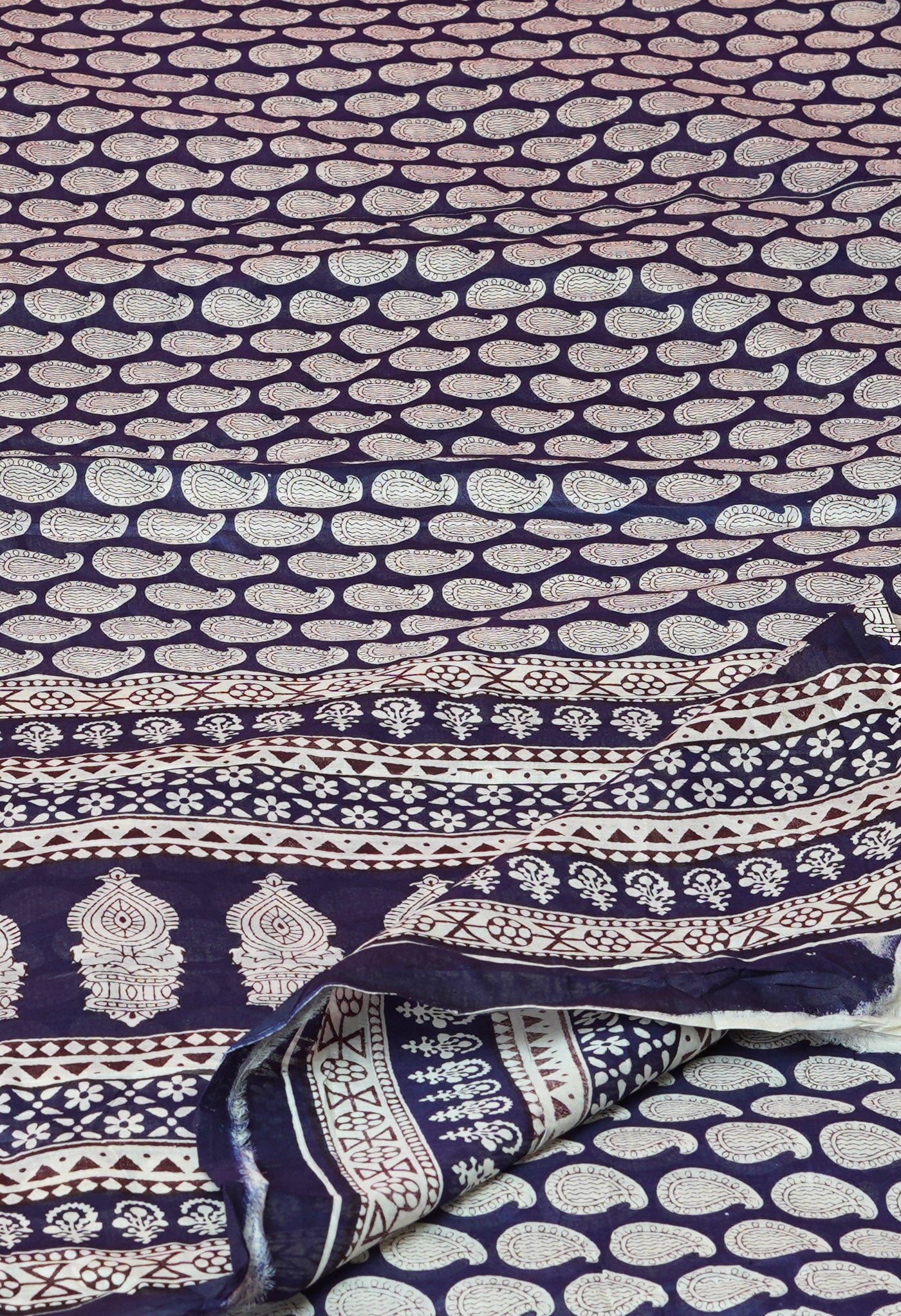 Navy Blue Pure Block Printed Soft Cotton Saree