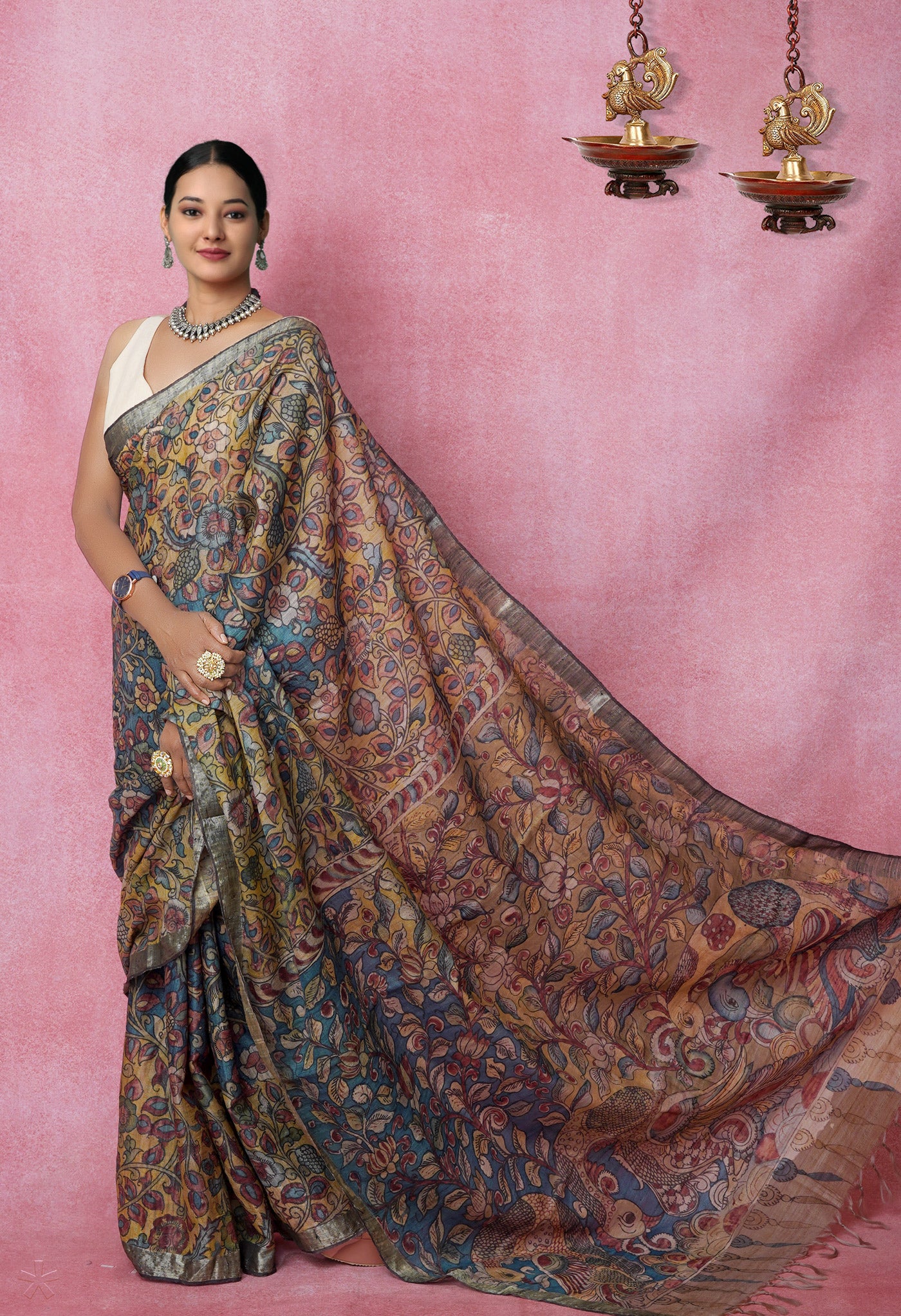 Multi Colored Kalamkari on Pure Handloom Tussar Silk Saree