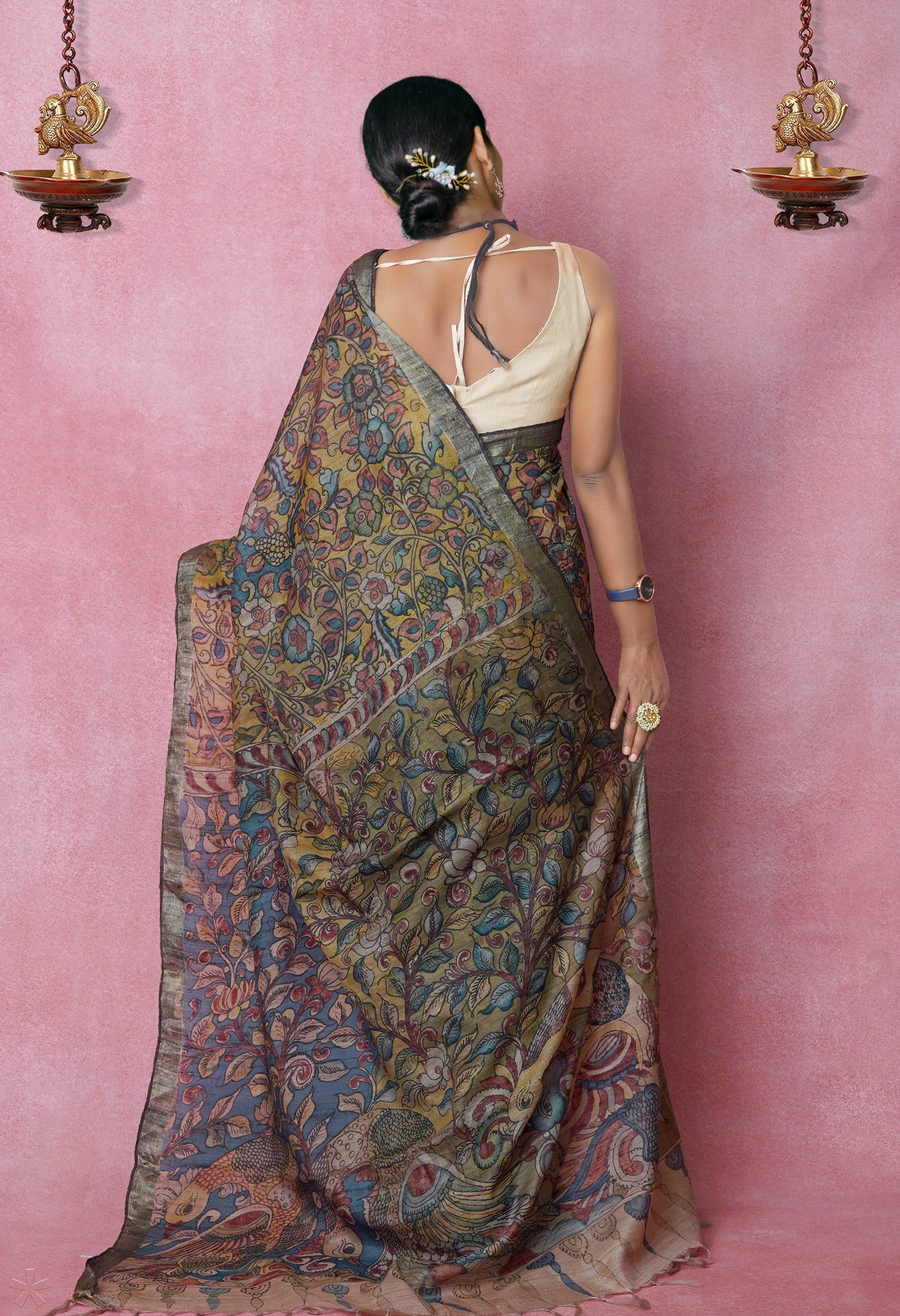 Multi Colored Kalamkari on Pure Handloom Tussar Silk Saree