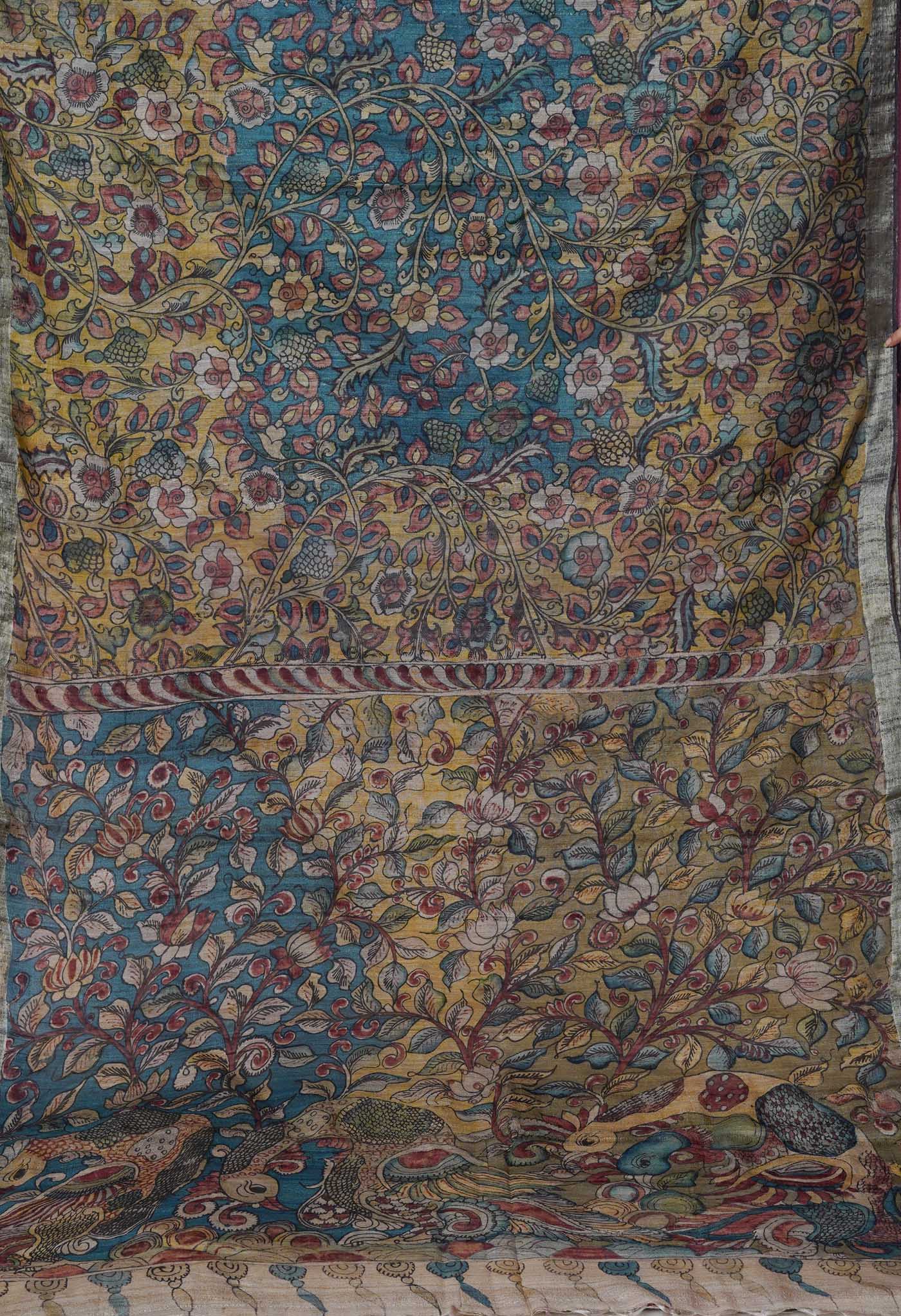 Multi Colored Kalamkari on Pure Handloom Tussar Silk Saree