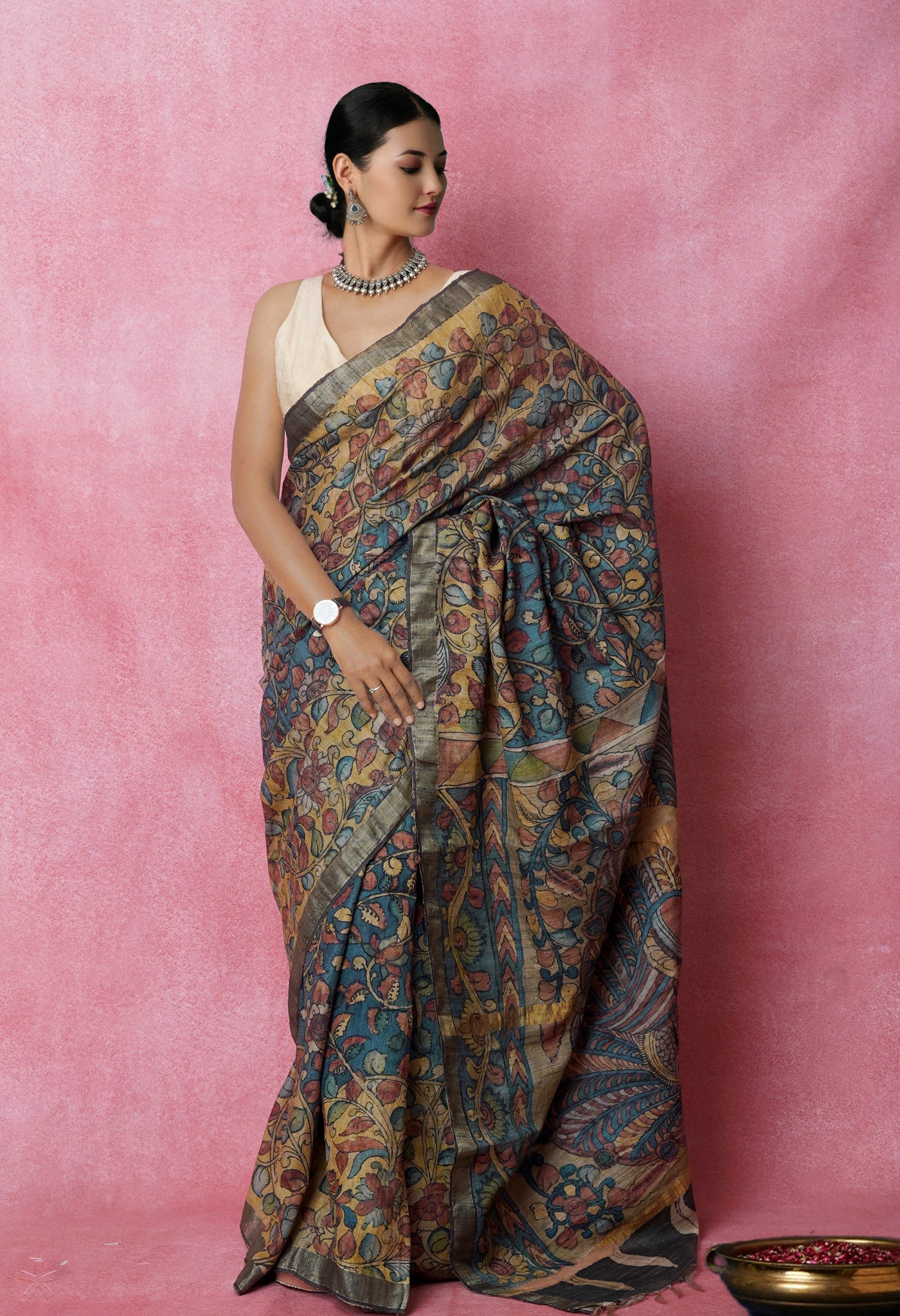 Multi Colored Kalamkari on Pure Handloom Tussar Silk Saree