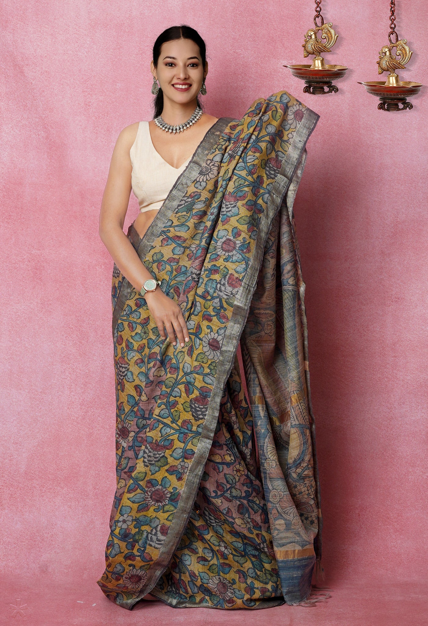 Multi Colored Kalamkari on Pure Handloom Tussar Silk Saree