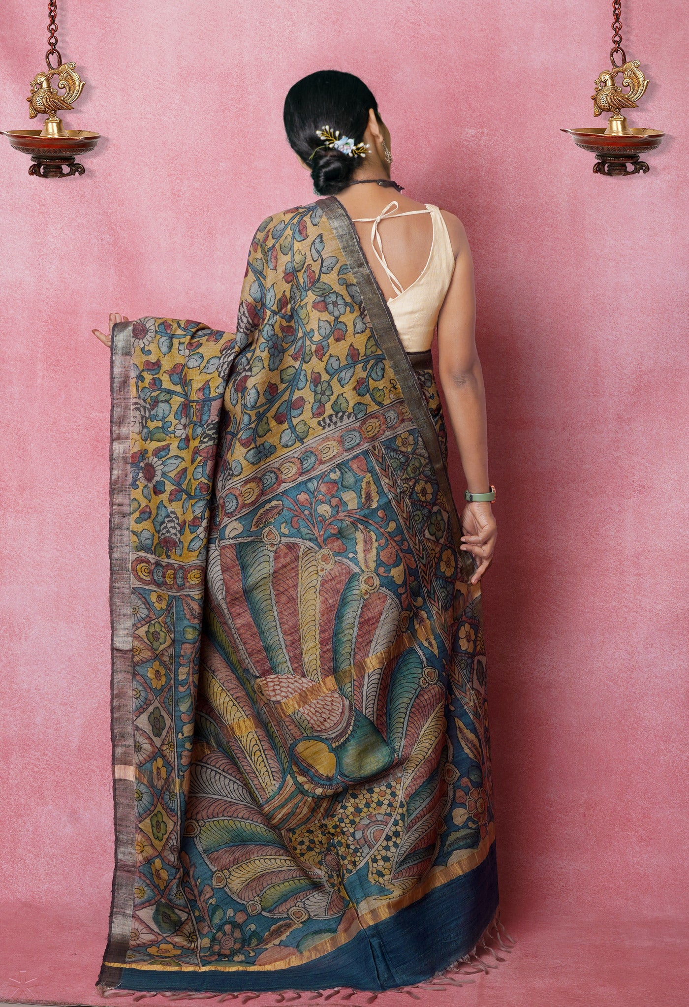 Multi Colored Kalamkari on Pure Handloom Tussar Silk Saree